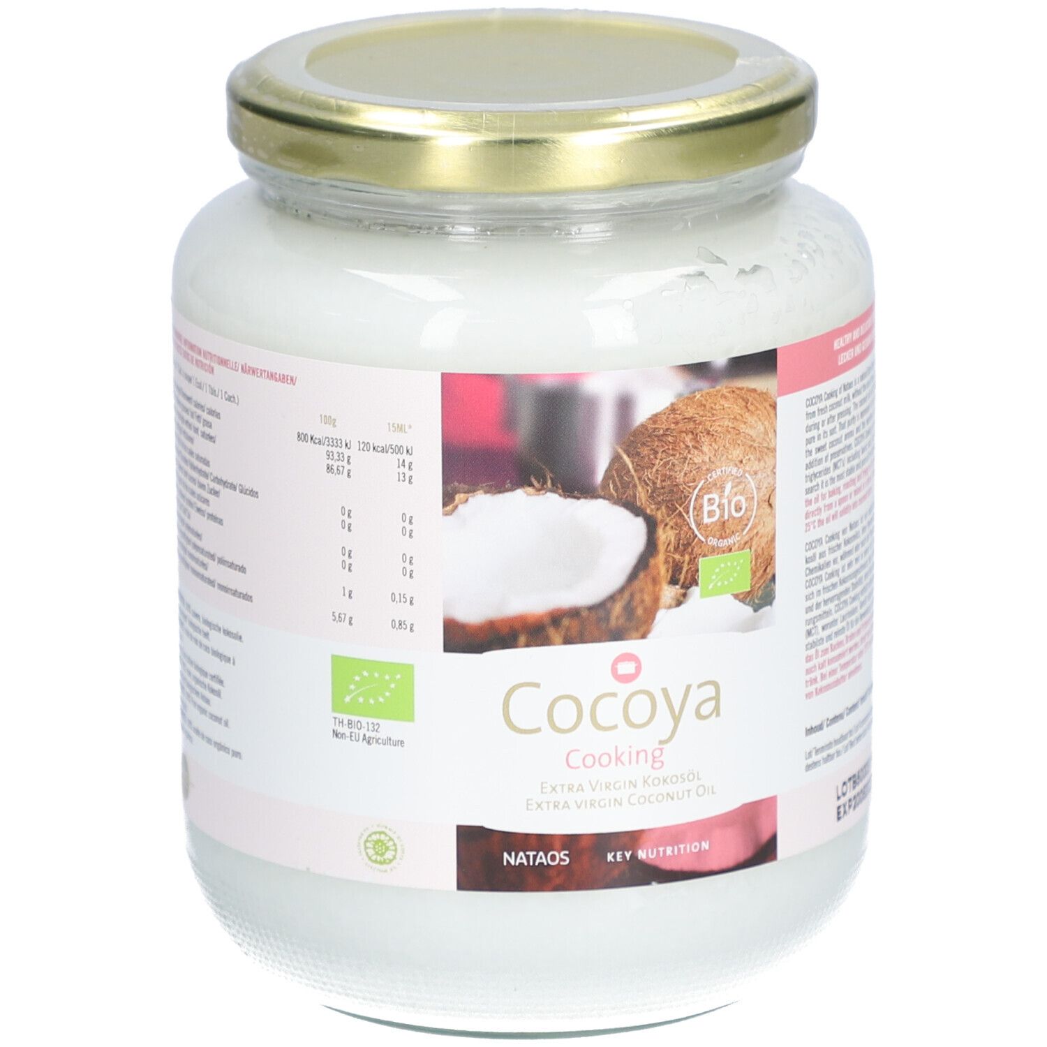 Glas mit Cocoya Cooking Extra Virgin Kokosöl. Etikett mit Nährwertangaben, Bio-Siegel und Kokosnuss-Illustration.