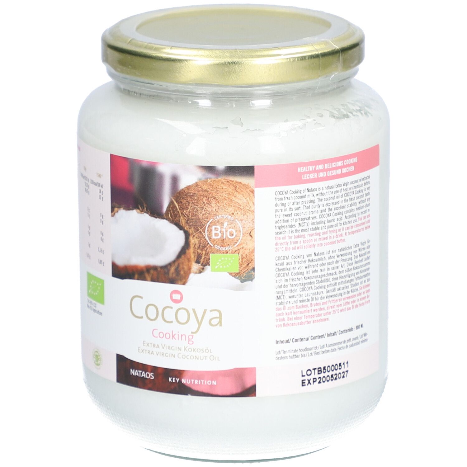 Glas mit Cocoya Cooking Extra Virgin Kokosöl. Etikett mit Nährwertangaben, Bio-Siegel und Kokosnuss-Illustration. Haltbarkeitsdatum.