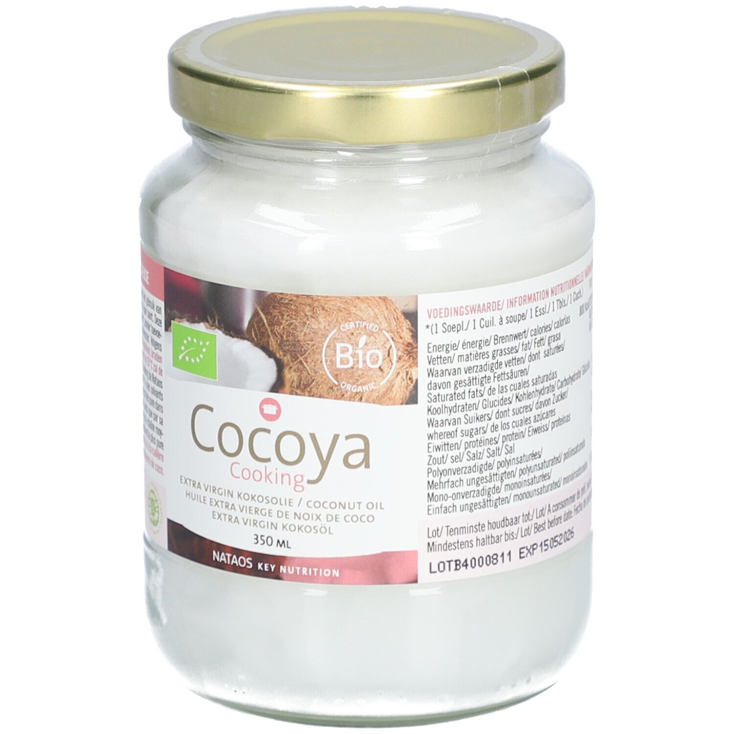 Glas mit Kokosöl. Etikett mit "Cocoya Cooking", Bio-Siegel und Nährwertangaben. Goldfarbener Deckel.