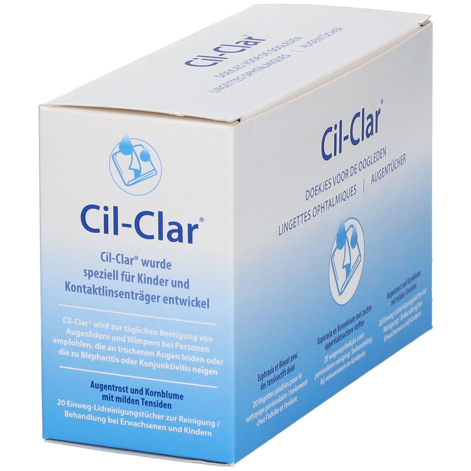 Cil-Clar verpakking. Witte doos met blauwe gradiënt. Voor kinderen en contactlensdragers. 20 doekjes.