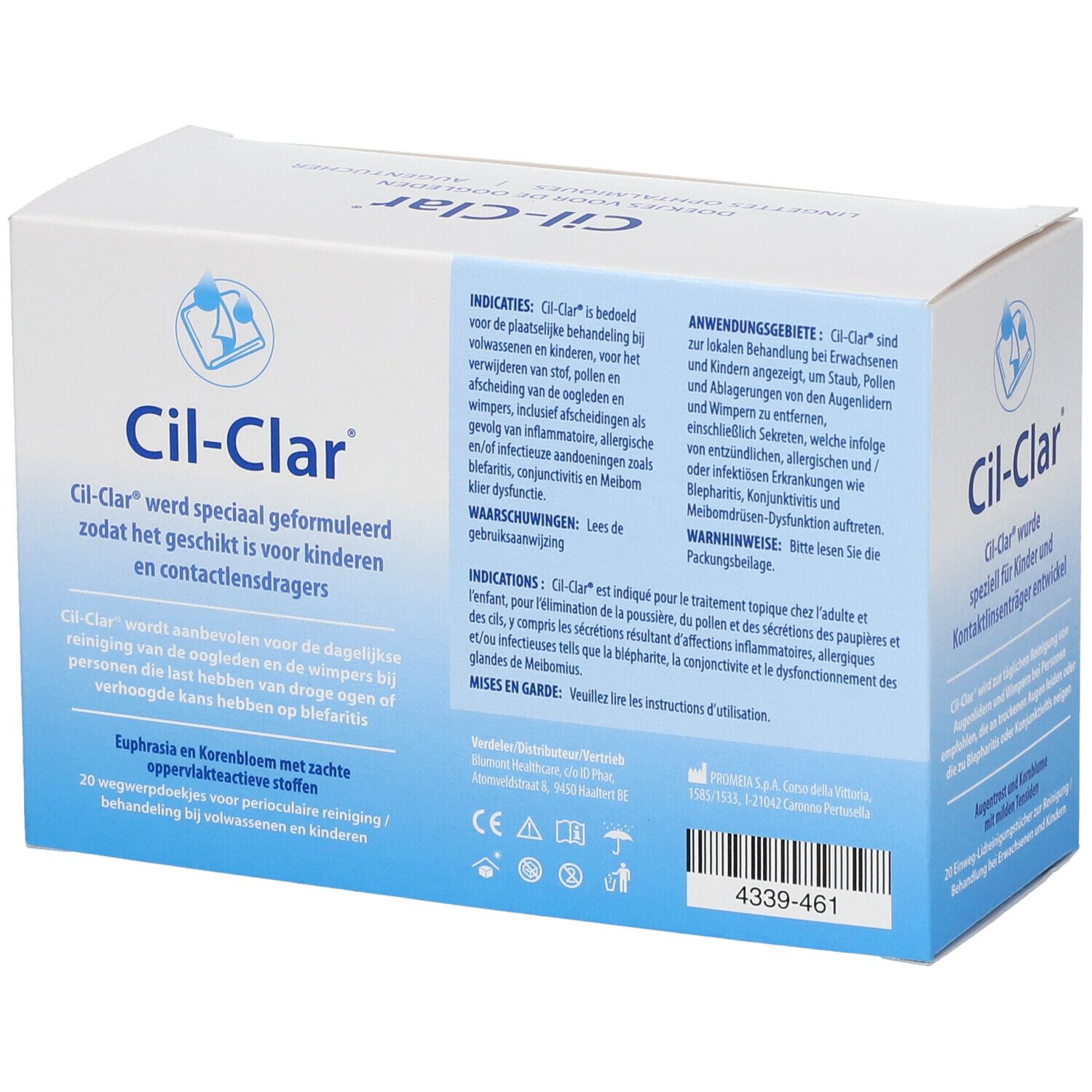 Cil-Clar verpakking. Witte doos met blauwe gradiënt. Tekst en pictogrammen. 20 doekjes. Informatie achterkant.