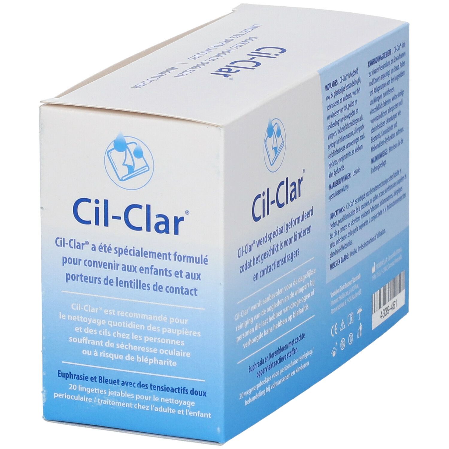 Cil-Clar verpakking. Witte doos met blauwe gradiënt. Voor kinderen en contactlensdragers. 20 doekjes.