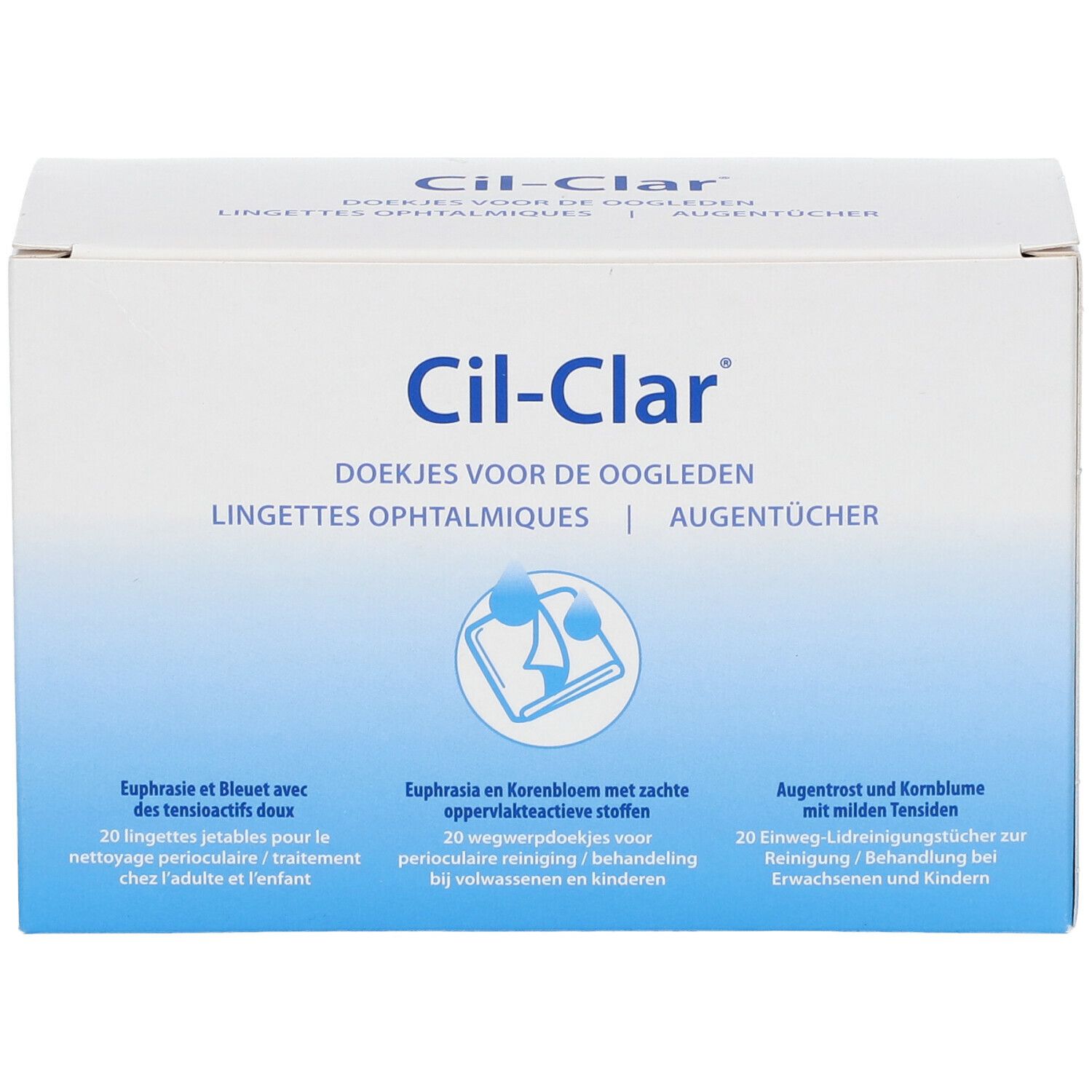 Cil-Clar verpakking. Witte doos met blauwe gradiënt. Oogreinigingsdoekjes. 20 doekjes.