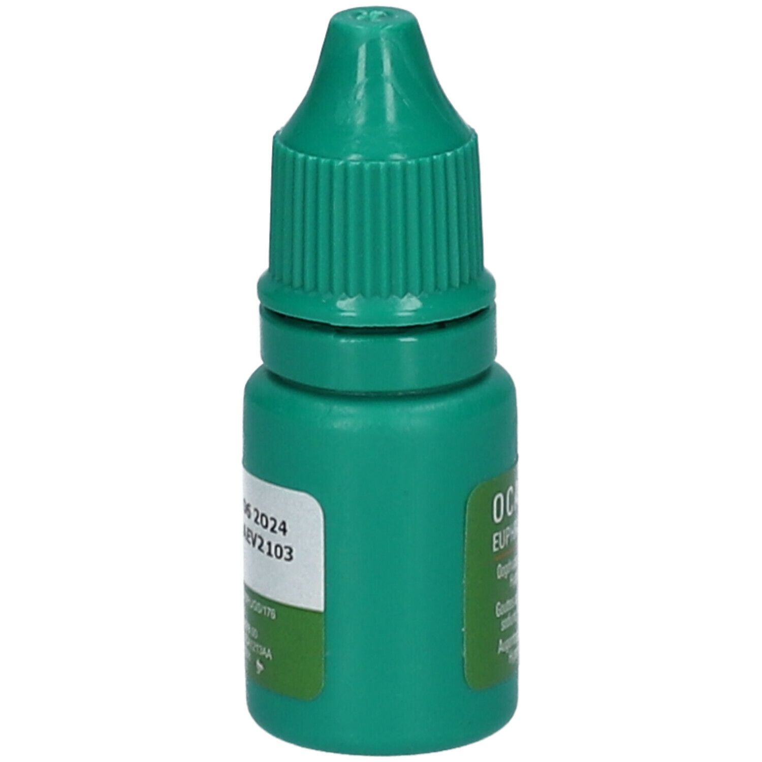 Groene oogdruppelfles met wit etiket. Opdruk: houdbaarheidsdatum en lotnummer. Groene schroefdop.