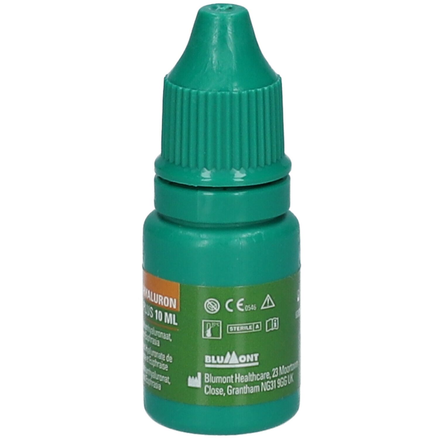 Groene oogdruppelfles met wit etiket. Opdruk: fabrikantinfo en CE-markering. Groene schroefdop.