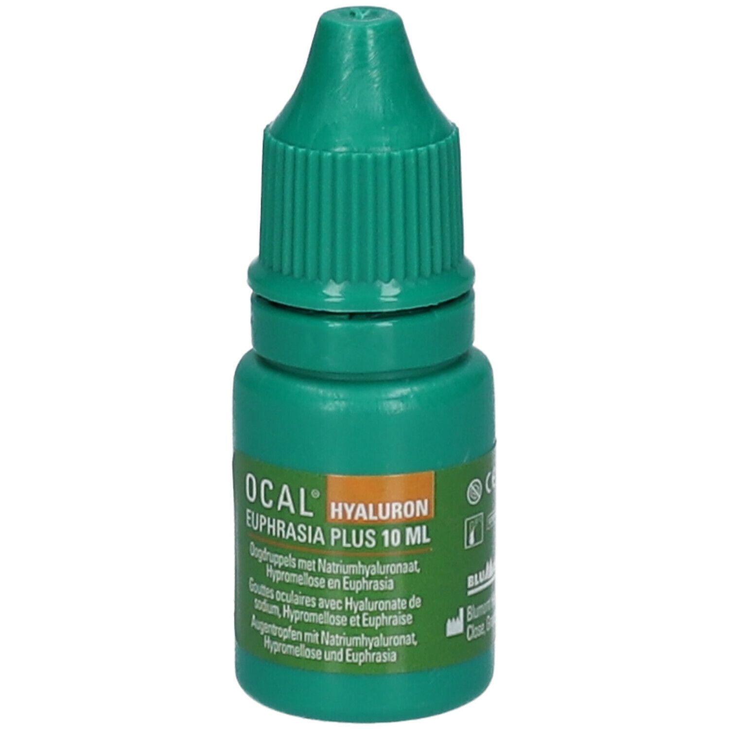 Groene oogdruppelfles met wit etiket. Opschrift: OCAL HYALURON PLUS 10 ml. Meertalige productinformatie.