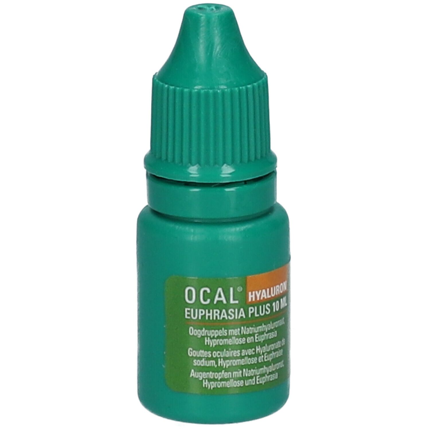 Groene oogdruppelfles met wit etiket. Opschrift: OCAL HYALURON PLUS 10 ml. Meertalige productinformatie.