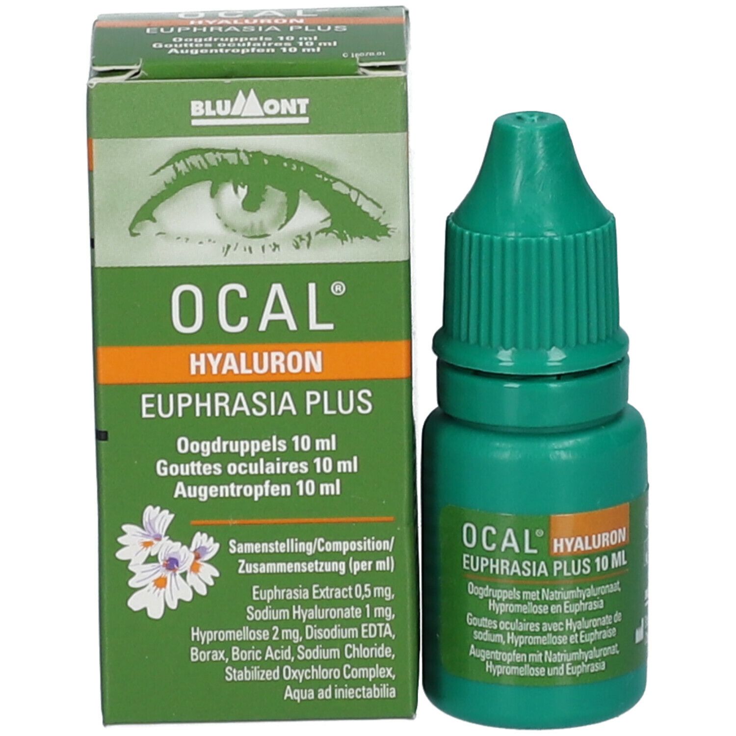 Productverpakking met oogdruppelfles. Verpakking met logo, productnaam en ingrediënten. Fles ernaast.