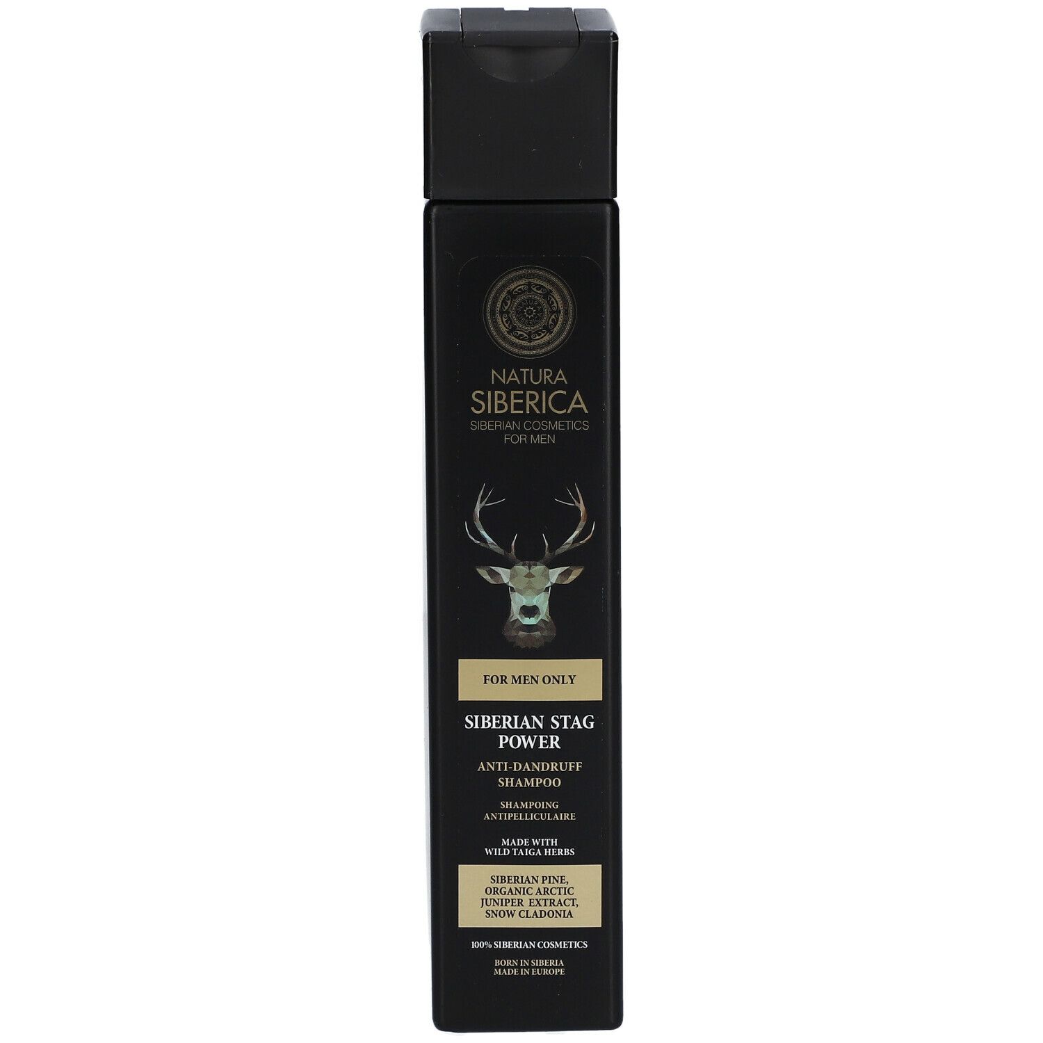Zwarte shampoo fles met tekst en hert logo. "Natura Siberica" en "Siberian Stag Power" zijn zichtbaar.
