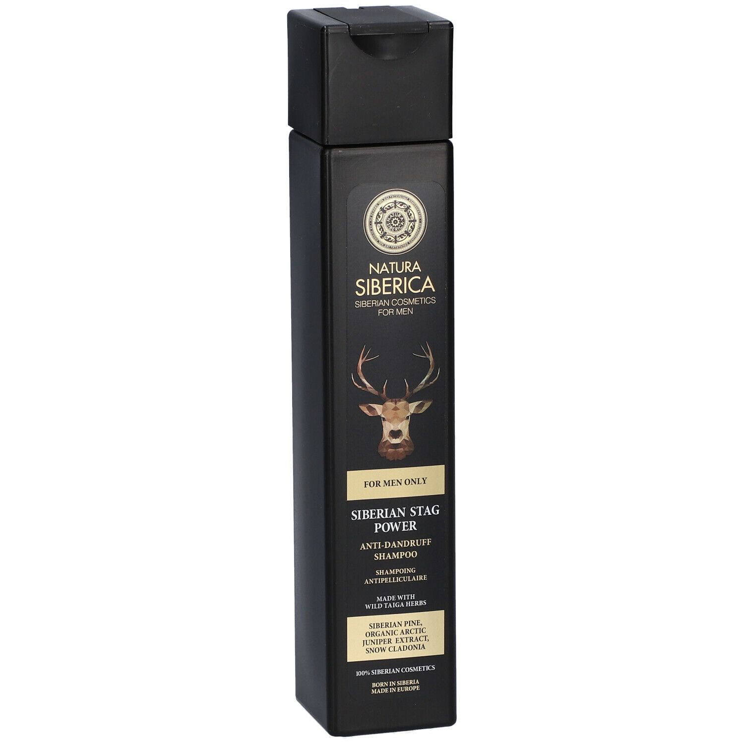 Zwarte shampoo fles met tekst en hert logo. "Natura Siberica" en "Siberian Stag Power" zijn zichtbaar.