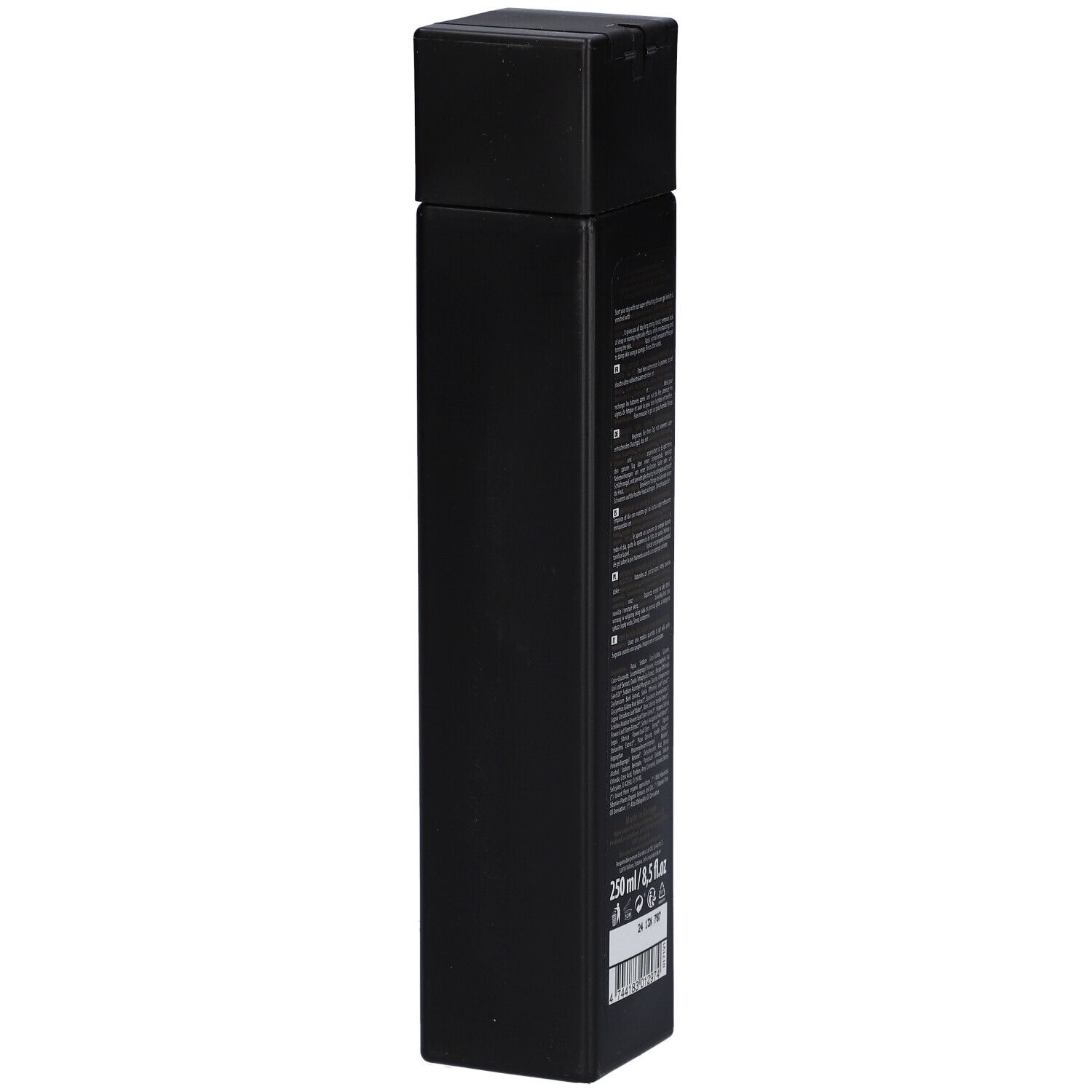 Schwarze, rechteckige Flasche mit schwarzem Deckel. Rückseite mit Text. 250 ml/8,5 fl.oz. Barcode.
