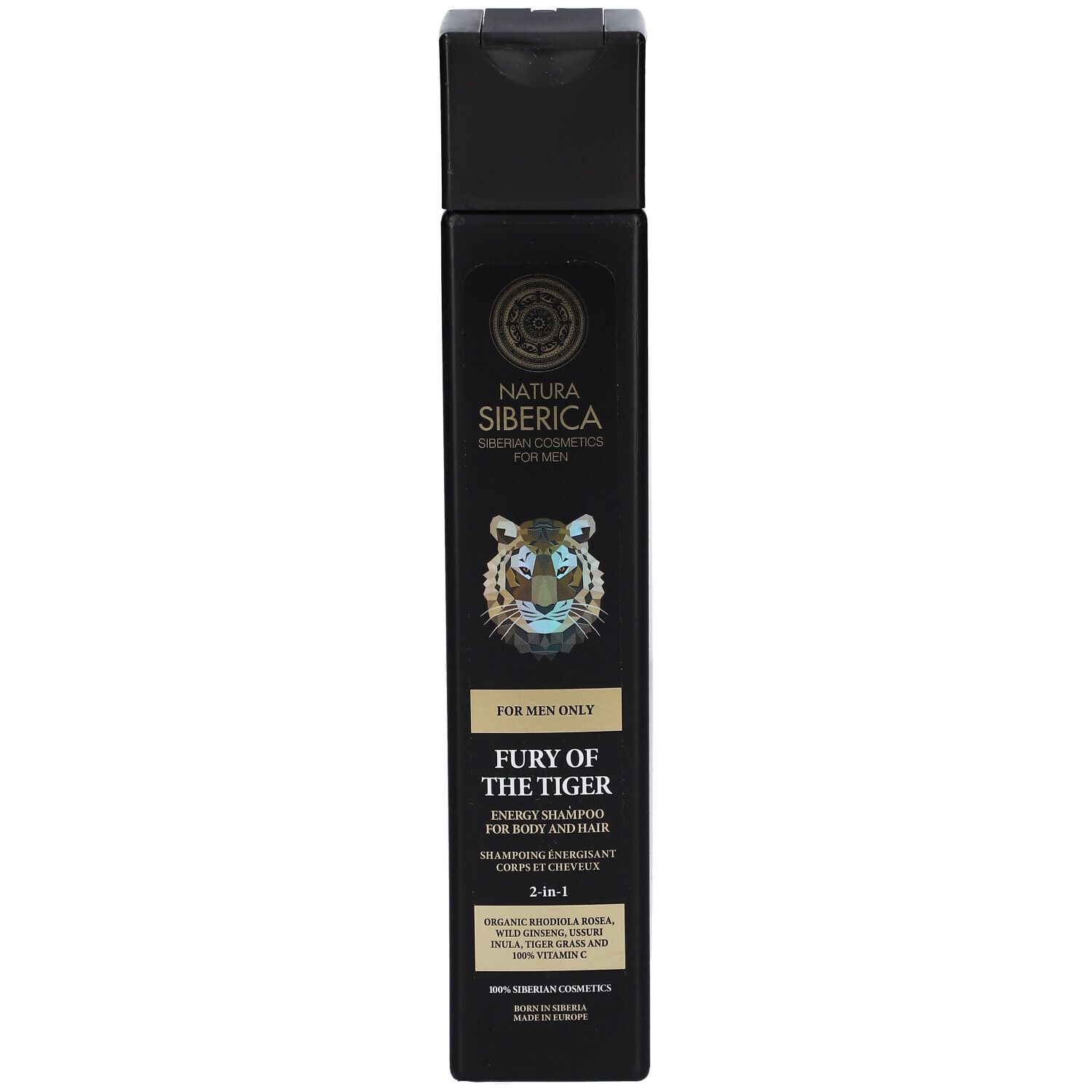 Schwarze Shampoo-Flasche. Aufschrift: Natura Siberica, Fury of the Tiger. Tigerkopf-Illustration. 2-in-1.