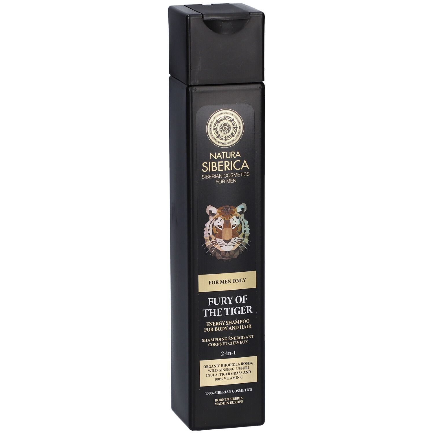 Schwarze Shampoo-Flasche. Aufschrift: Natura Siberica, Fury of the Tiger. Tigerkopf-Illustration. 2-in-1.