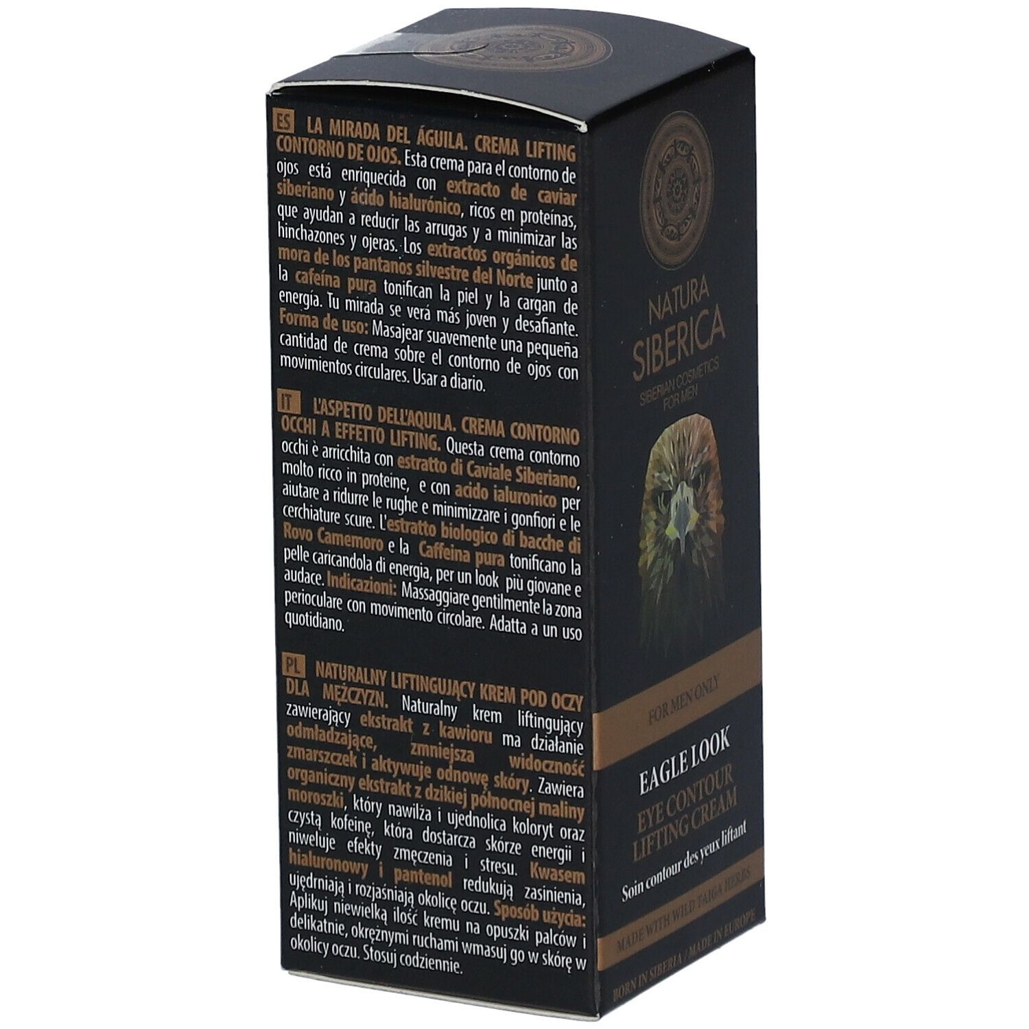 Schwarze Faltschachtel. Text: Natura Siberica, Eagle Look Augenstraffungscreme. Produktbeschreibung in mehreren Sprachen.