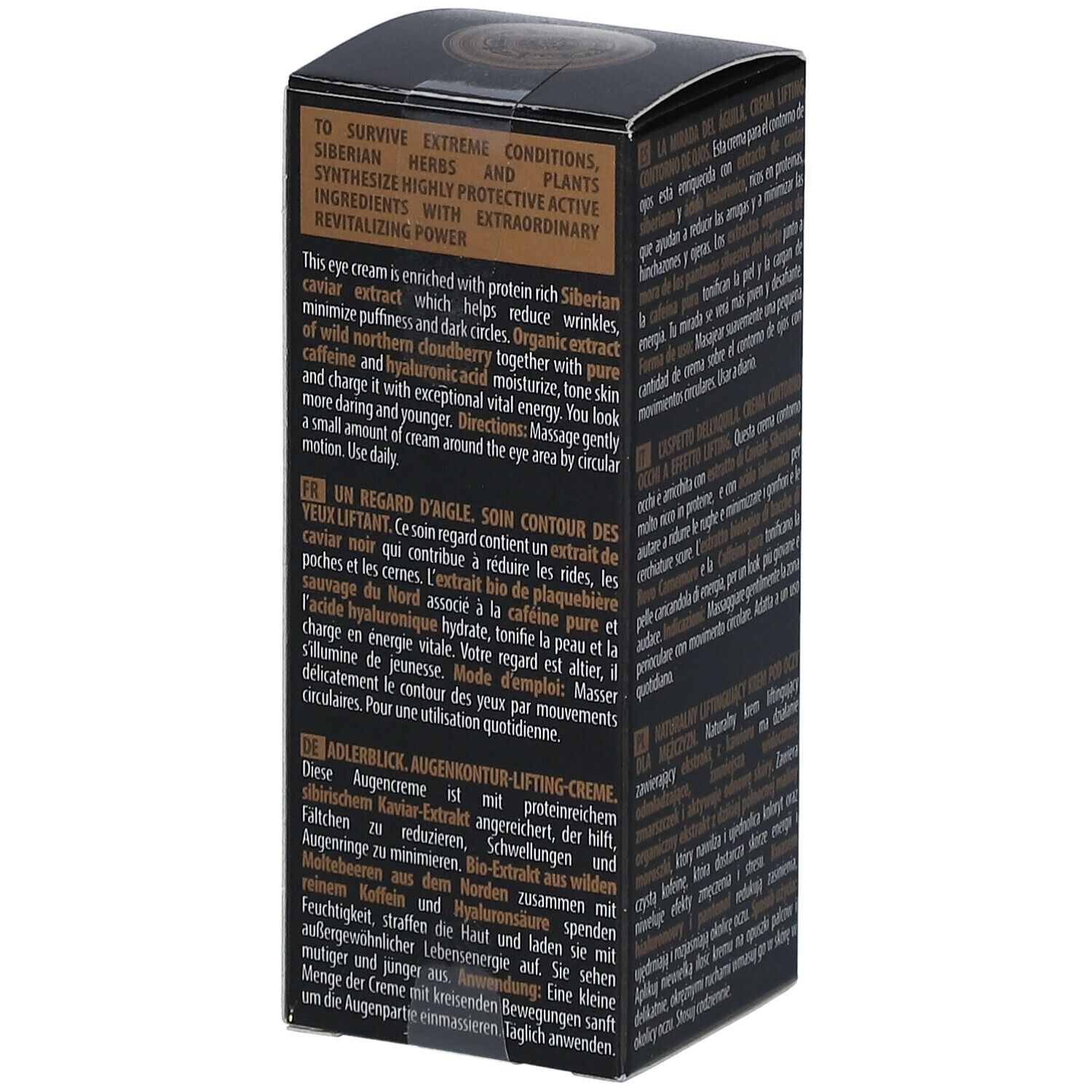 Schwarze Faltschachtel. Text: Natura Siberica, Eagle Look Augenstraffungscreme. Produktbeschreibung in mehreren Sprachen.