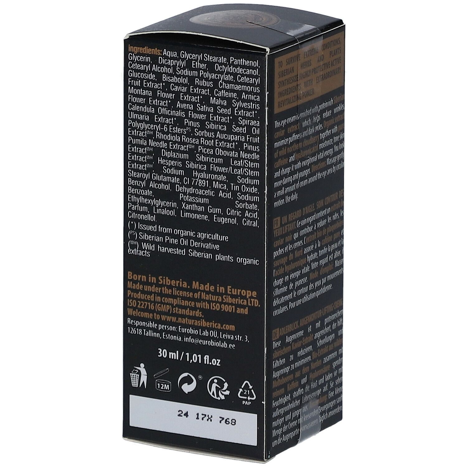 Schwarze Faltschachtel. Text: Inhaltsstoffe, Natura Siberica, 30 ml. Recycling-Symbole.