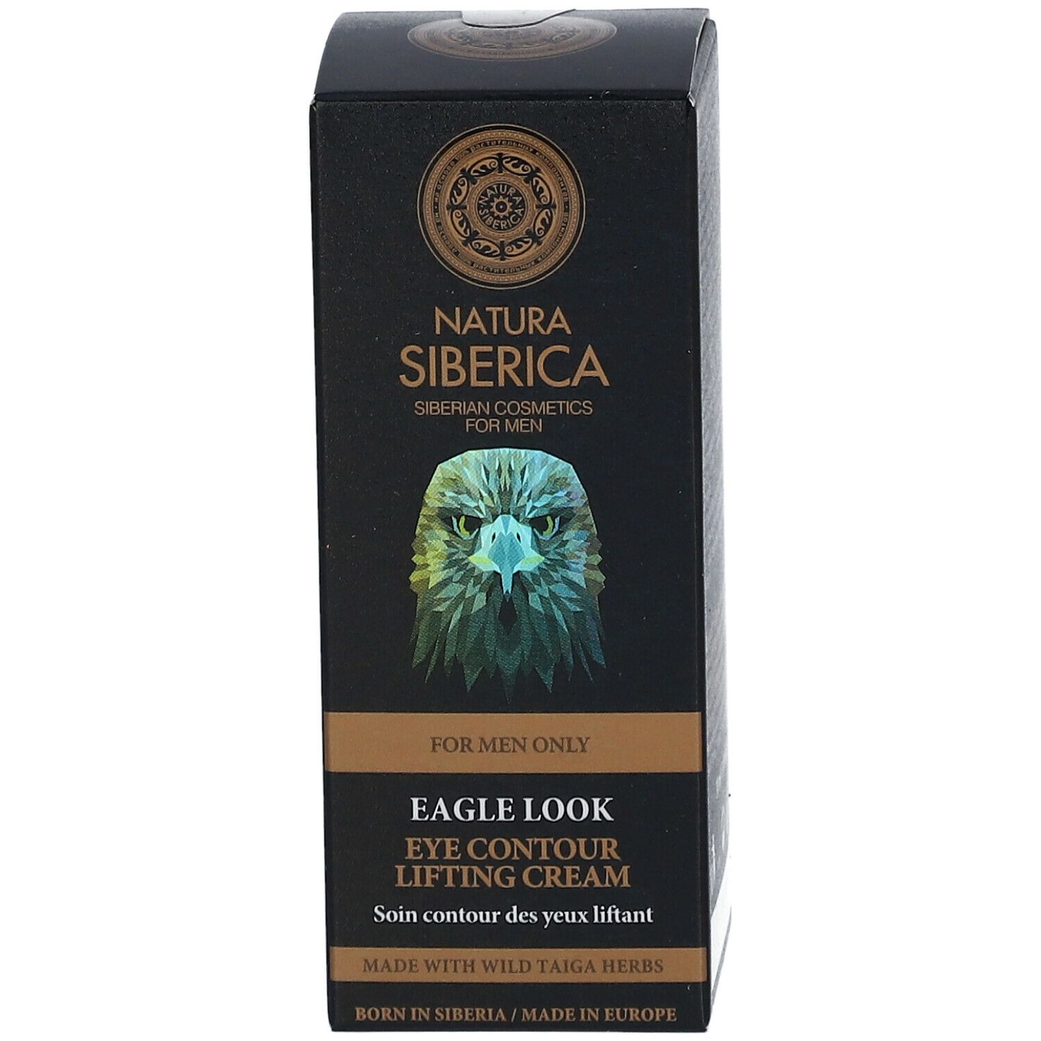 Schwarze Faltschachtel. Natura Siberica Logo und Adler-Illustration. Text: Eagle Look Augenstraffungscreme. Für Männer.