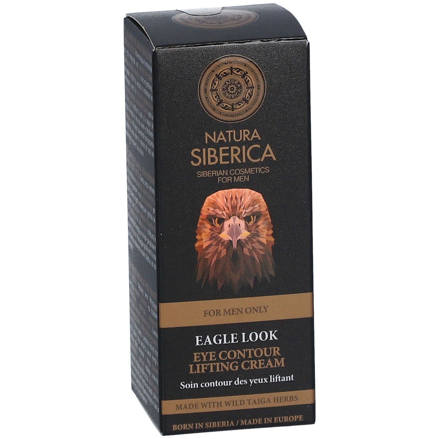Schwarze Faltschachtel. Natura Siberica Logo und Adler-Illustration. Text: Eagle Look Augenstraffungscreme. Für Männer.