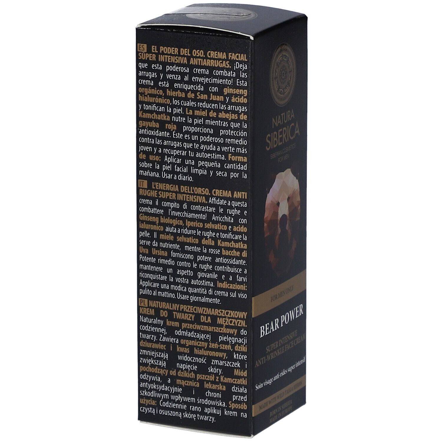 Schwarze Verpackung, Seitenansicht. Text in mehreren Sprachen. Logo und Bär-Illustration. Inhaltsstoffe und Herstellerangaben.