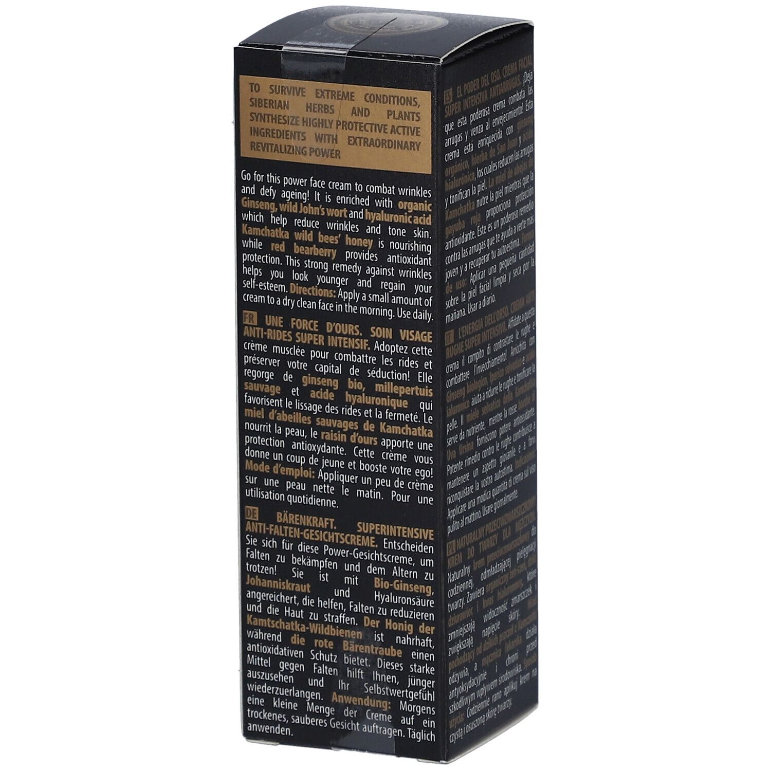 Schwarze Verpackung, Seitenansicht. Text in mehreren Sprachen. Produktbeschreibung und Anwendungshinweise.