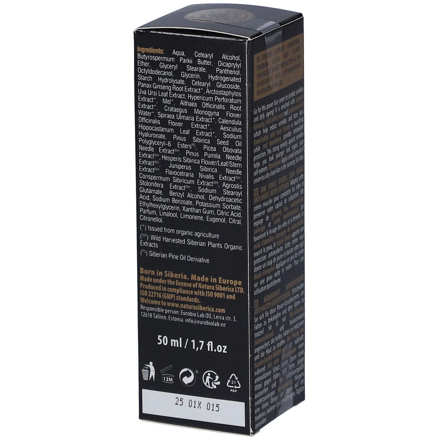 Schwarze Verpackung, Seitenansicht. Text in mehreren Sprachen. Inhaltsstoffe und Herstellerangaben.