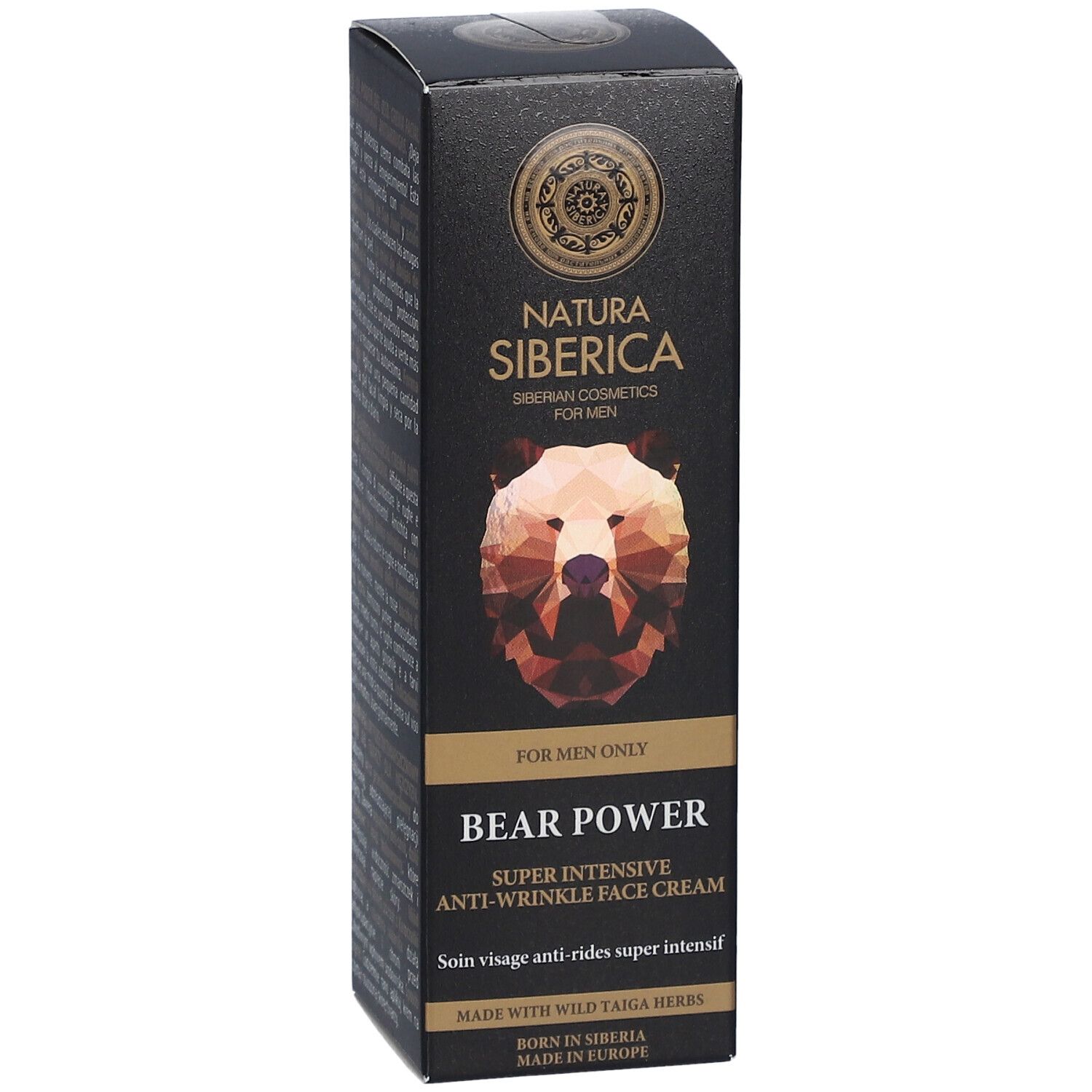 Schwarze Verpackung mit Produktinformationen. Logo und Bär-Illustration. Text: "Anti-Wrinkle Face Cream".