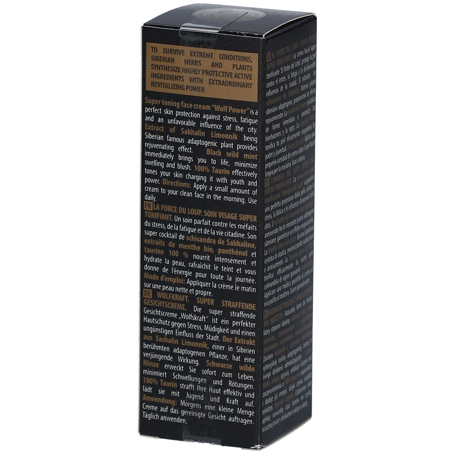 Boîte noire, texte multilingue. Logo: tête de loup. Nom du produit: Wolf Power Super Toning Face Cream.