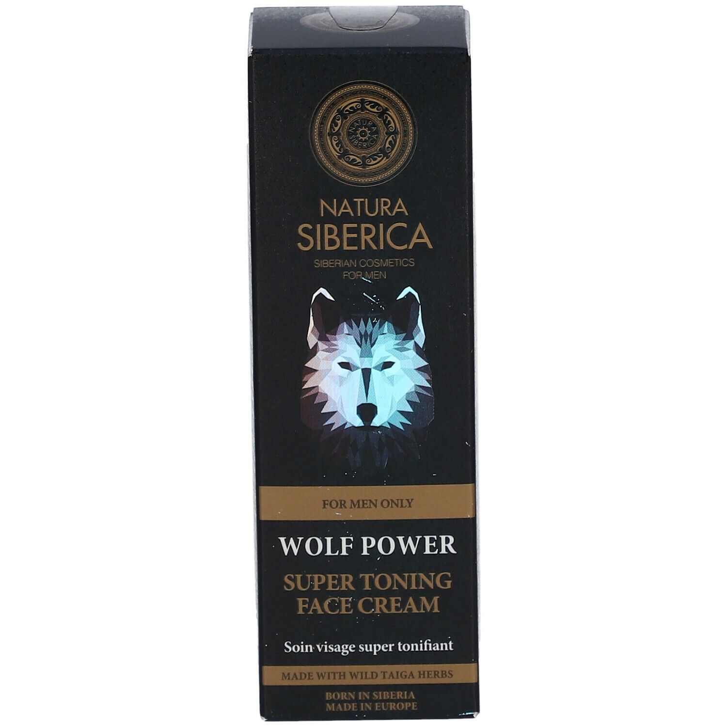 Boîte noire, logo: tête de loup. Texte: Wolf Power Super Toning Face Cream. Pour hommes. 50 ml.