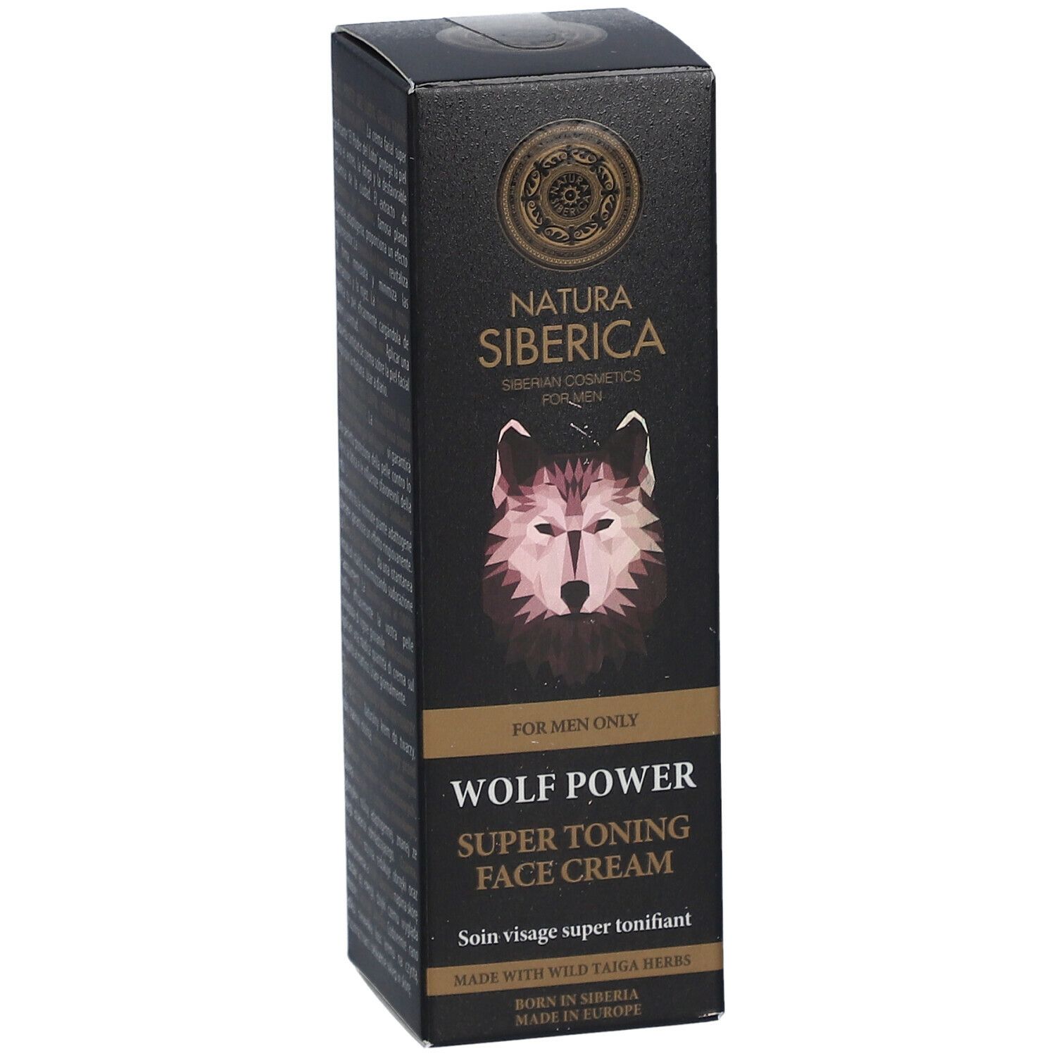 Boîte noire, logo: tête de loup. Texte: Wolf Power Super Toning Face Cream. Pour hommes.