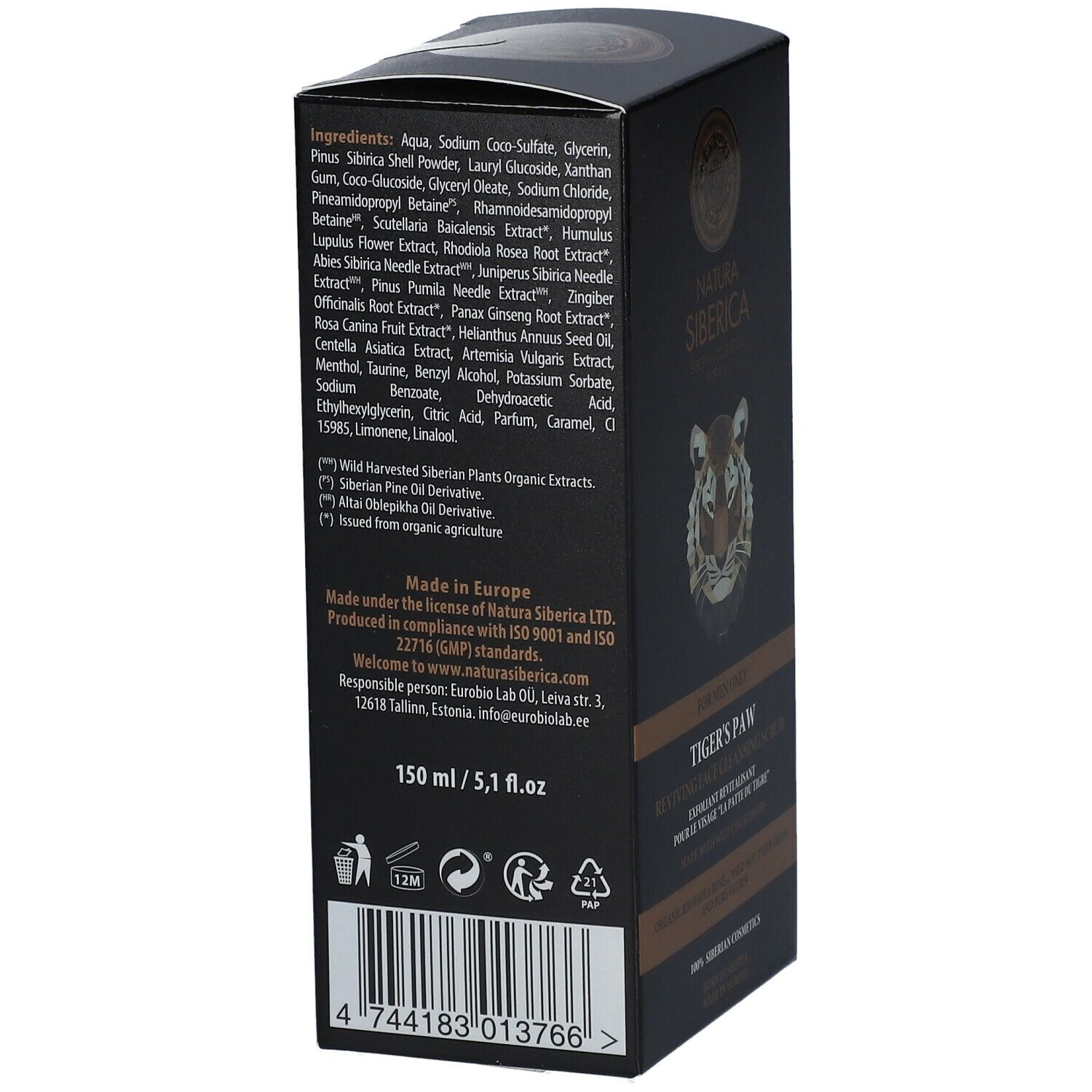 Achterkant van de zwarte verpakking. Lijst met ingrediënten. Tekst: Made in Europe, 150 ml / 5,1 fl.oz. Logo Natura Siberica.