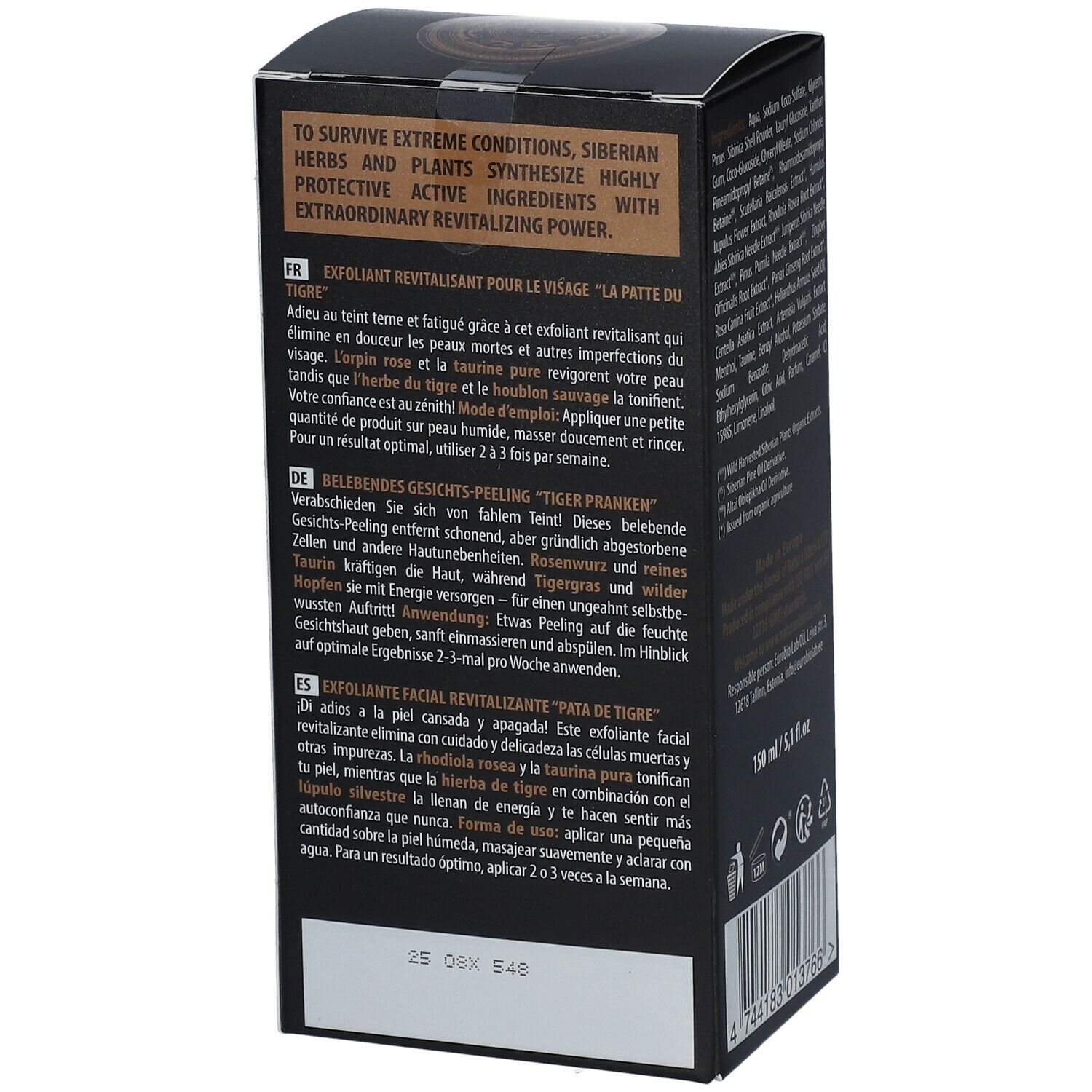 Zwarte verpakking met tekst. Tekst: Exfoliant Revitalisant, voor de huid. Logo Natura Siberica. Tekst in het Nederlands en Spaans.