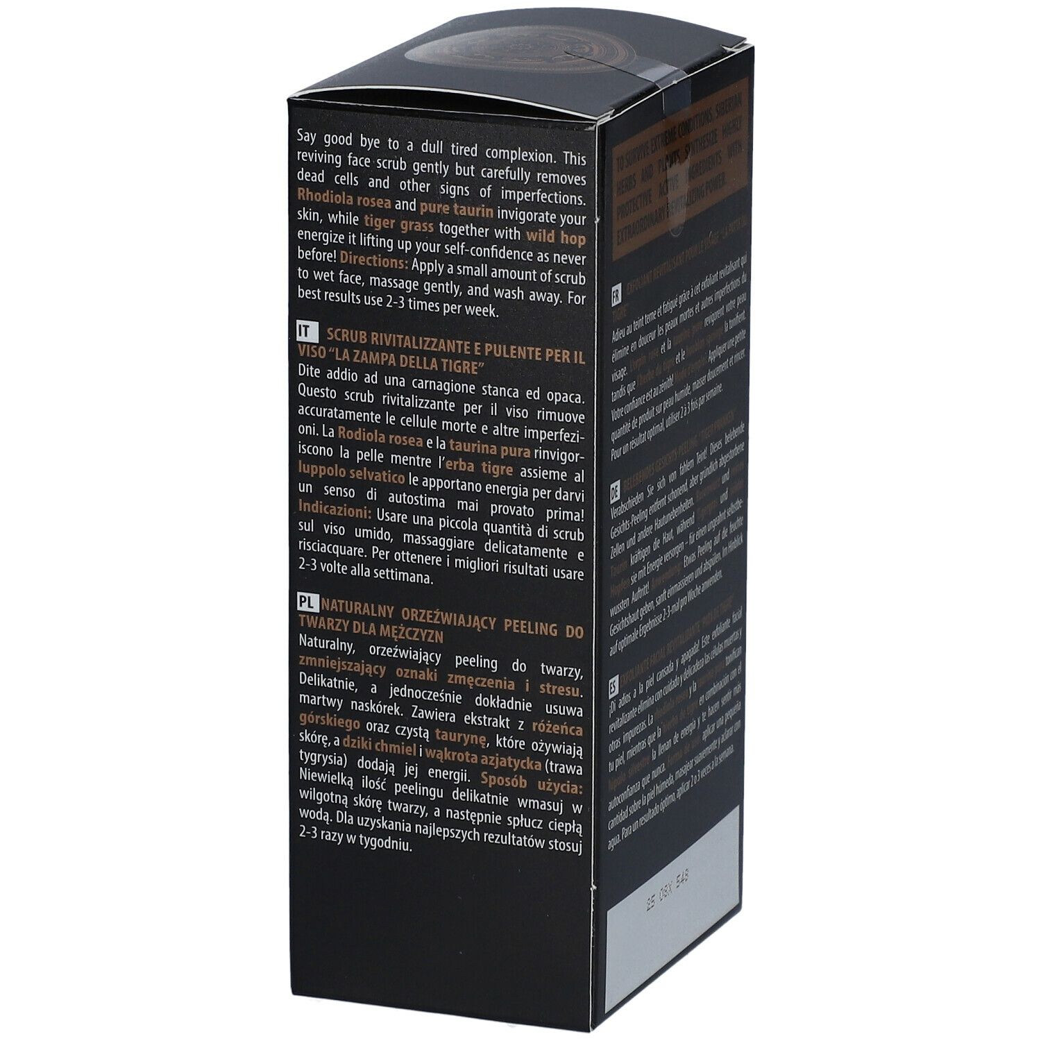 Zwarte verpakking met tekst. Tekst: Reviving face scrub, voor mannen. Logo Natura Siberica. Tekst in het Engels en Pools.
