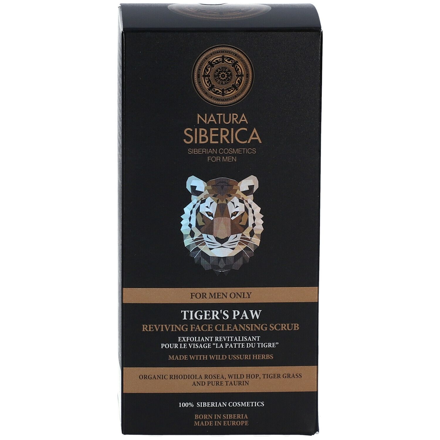 Zwarte verpakking met productinformatie. Logo en tijgerkop. Tekst: Natura Siberica, Tiger's Paw, Reviving Face Cleansing Scrub.
