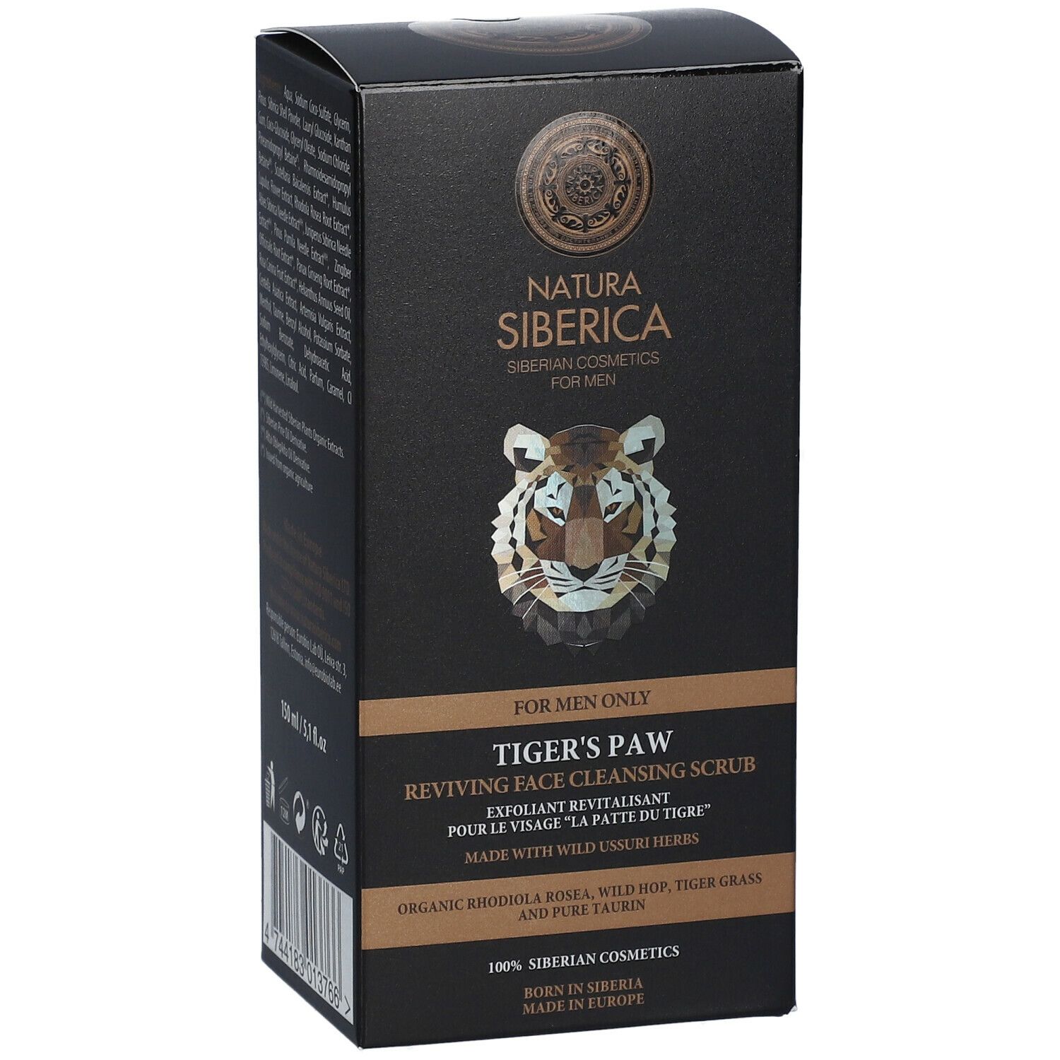 Zwarte verpakking met productinformatie. Logo en tijgerkop. Tekst: Natura Siberica, Tiger's Paw, Reviving Face Cleansing Scrub.