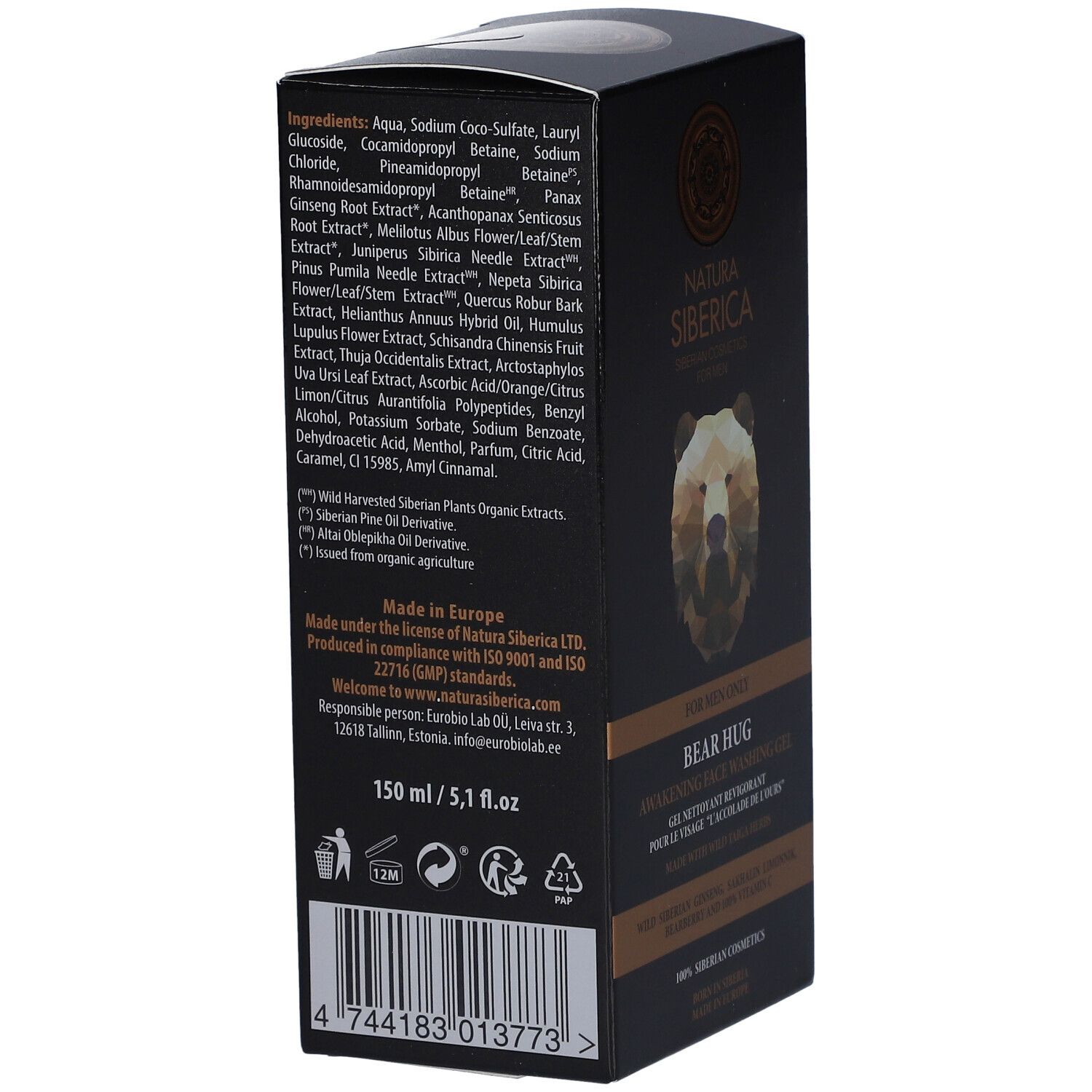 Rückseite der Produktverpackung mit Inhaltsstoffen und Informationen. Text: Natura Siberica, Made in Europe, 150 ml.