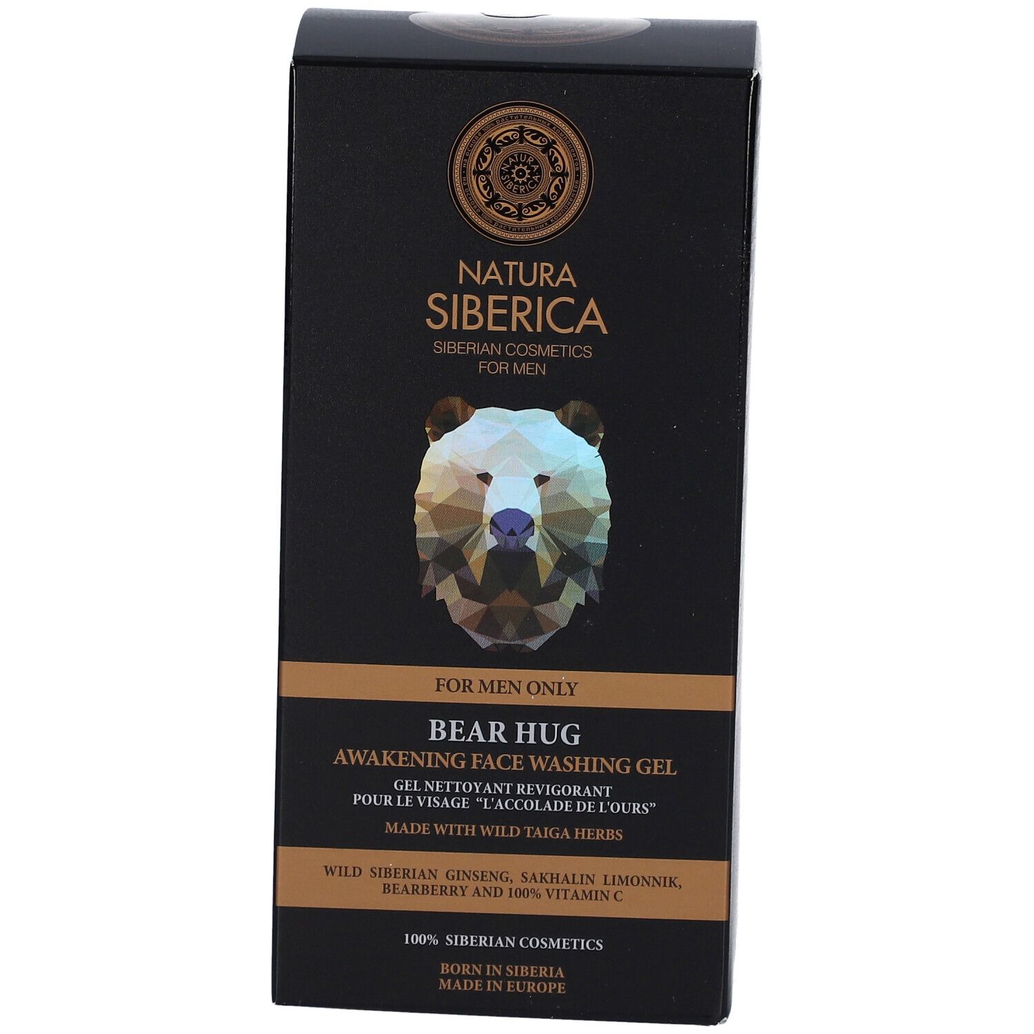Schwarze Produktverpackung mit Produktnamen und Bären-Illustration. Text: Natura Siberica, Bear Hug, Gel Nettoyant Revigorant.