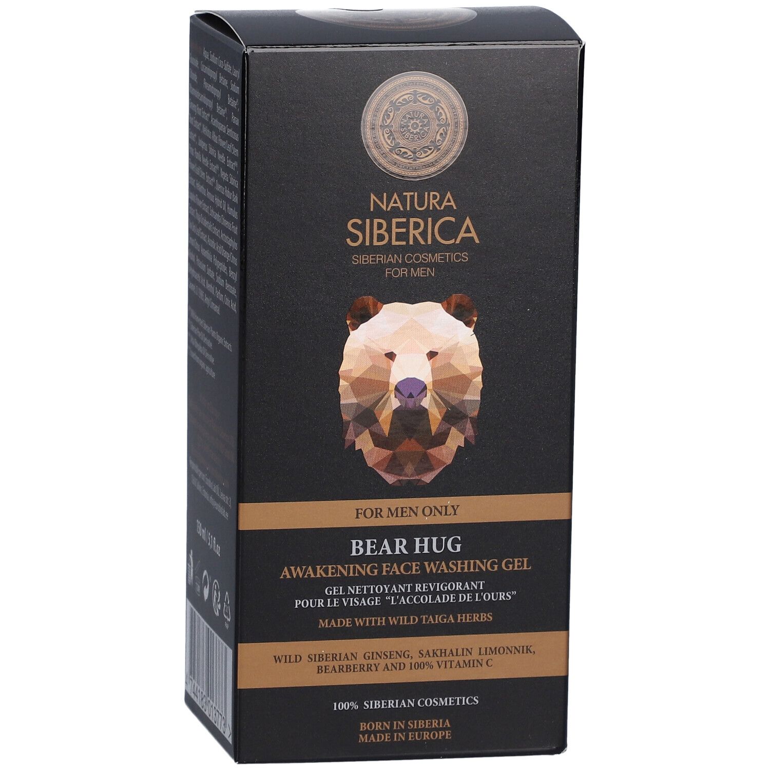 Schwarze Produktverpackung mit Produktnamen und Bären-Illustration. Text: Natura Siberica, Bear Hug, Gel Nettoyant Revigorant.