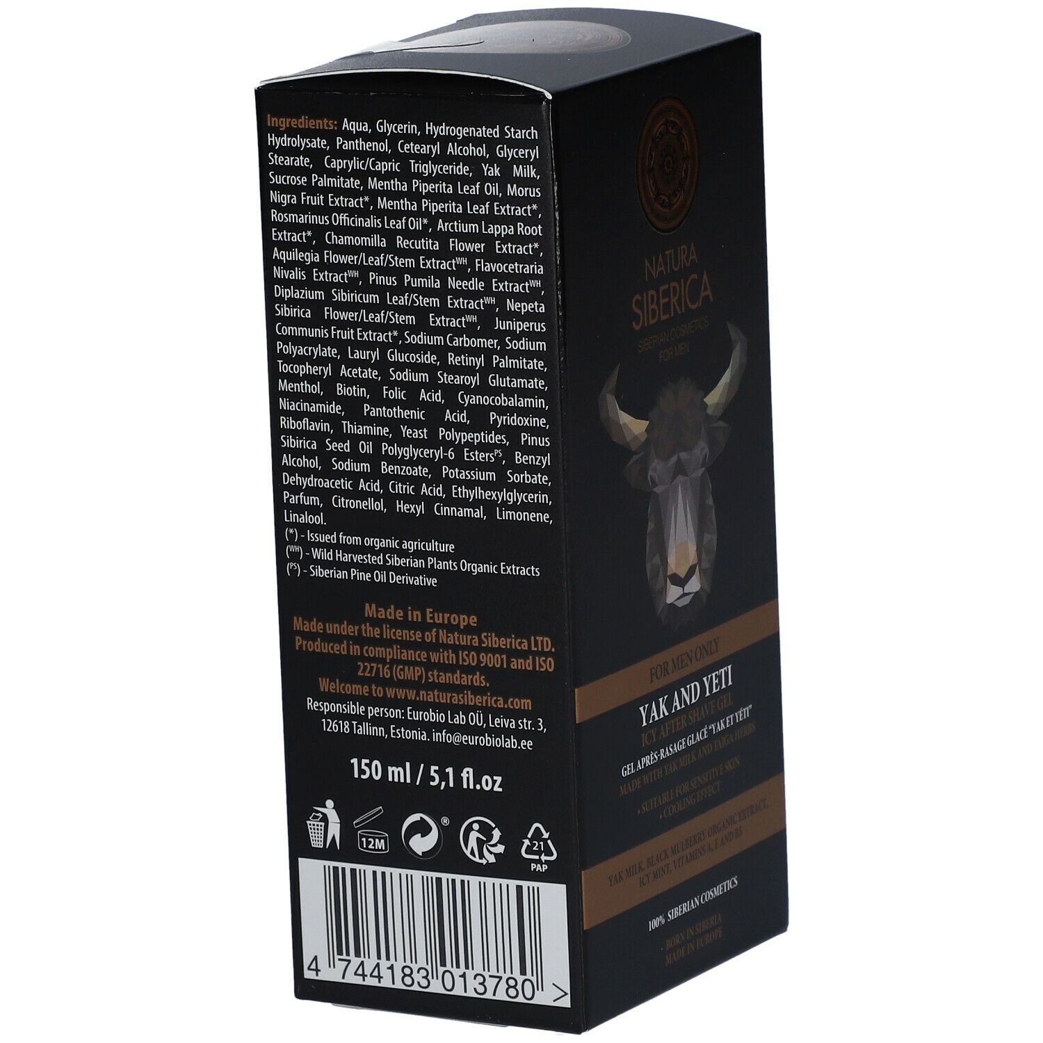 Achterkant van de zwarte doos. Ingrediëntenlijst, fabrikantinfo, barcode en volume: 150 ml / 5,1 fl.oz.