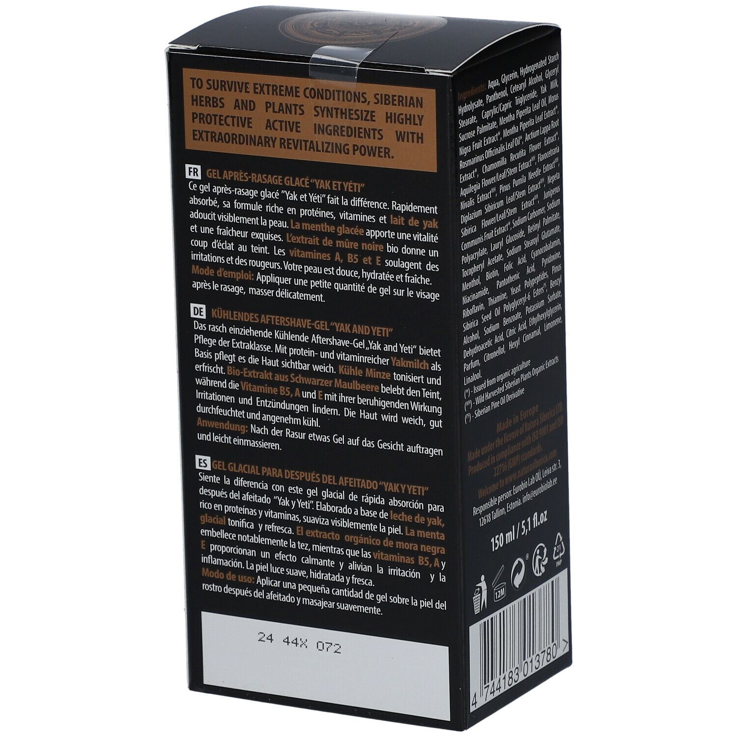 Zijkant van de zwarte doos met productbeschrijving in het Frans en Duits. Volume: 150 ml / 5,1 fl.oz.