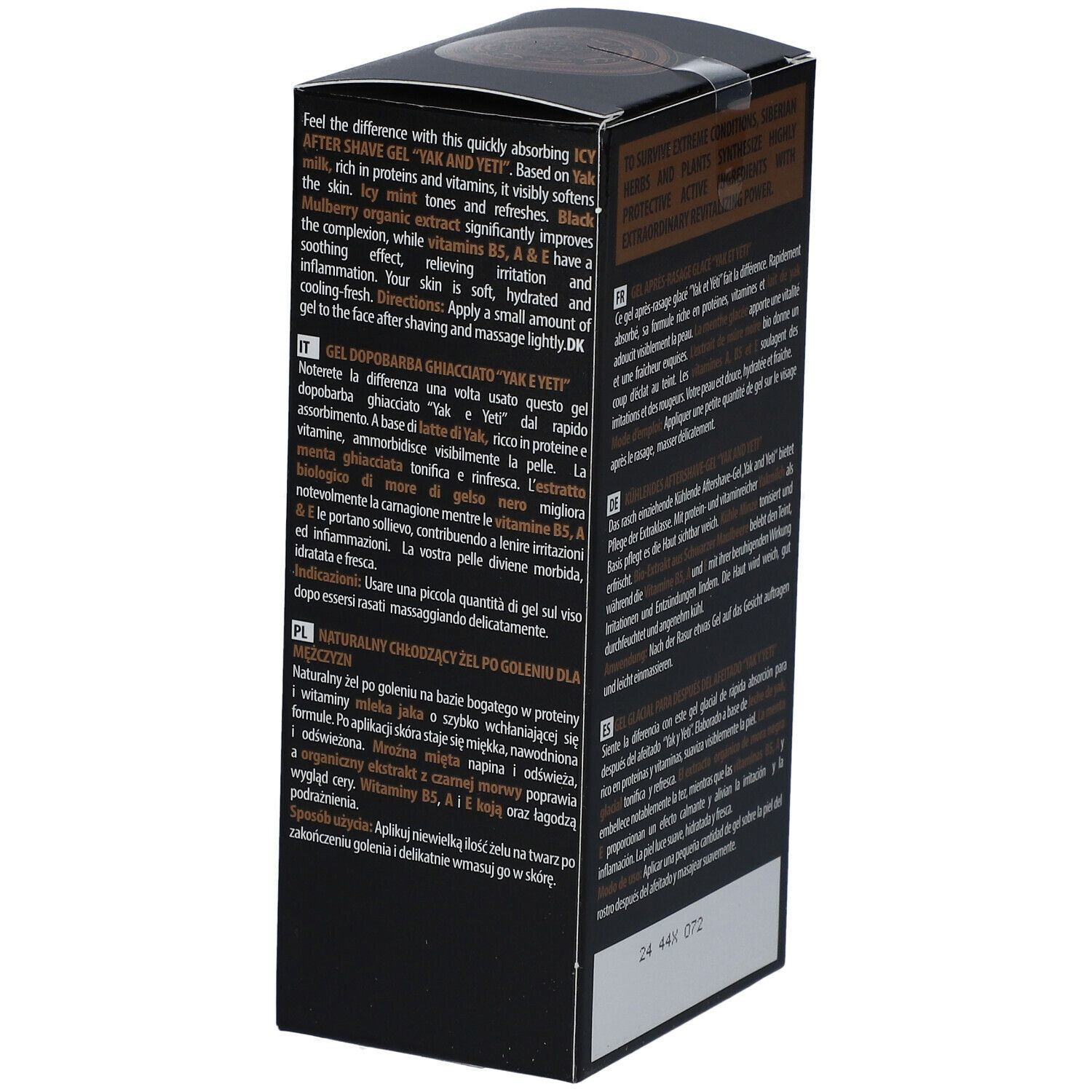 Zijkant van de zwarte doos met productbeschrijving in het Engels en Pools. Volume: 150 ml / 5,1 fl.oz.
