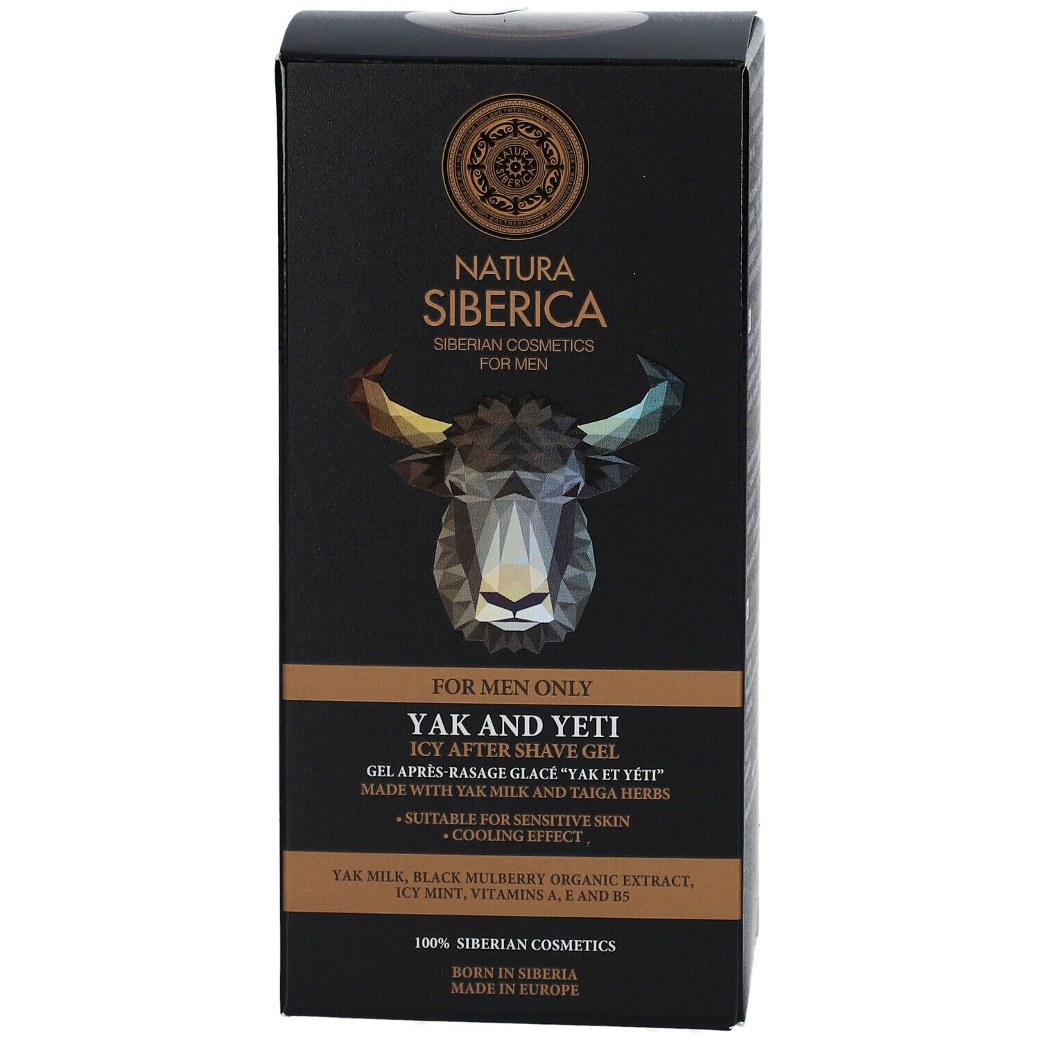 Zwarte doos met productinformatie. Logo: Natura Siberica. Product: Yak and Yeti Gel Après-Rasage Glacé. Afbeelding van een yak.