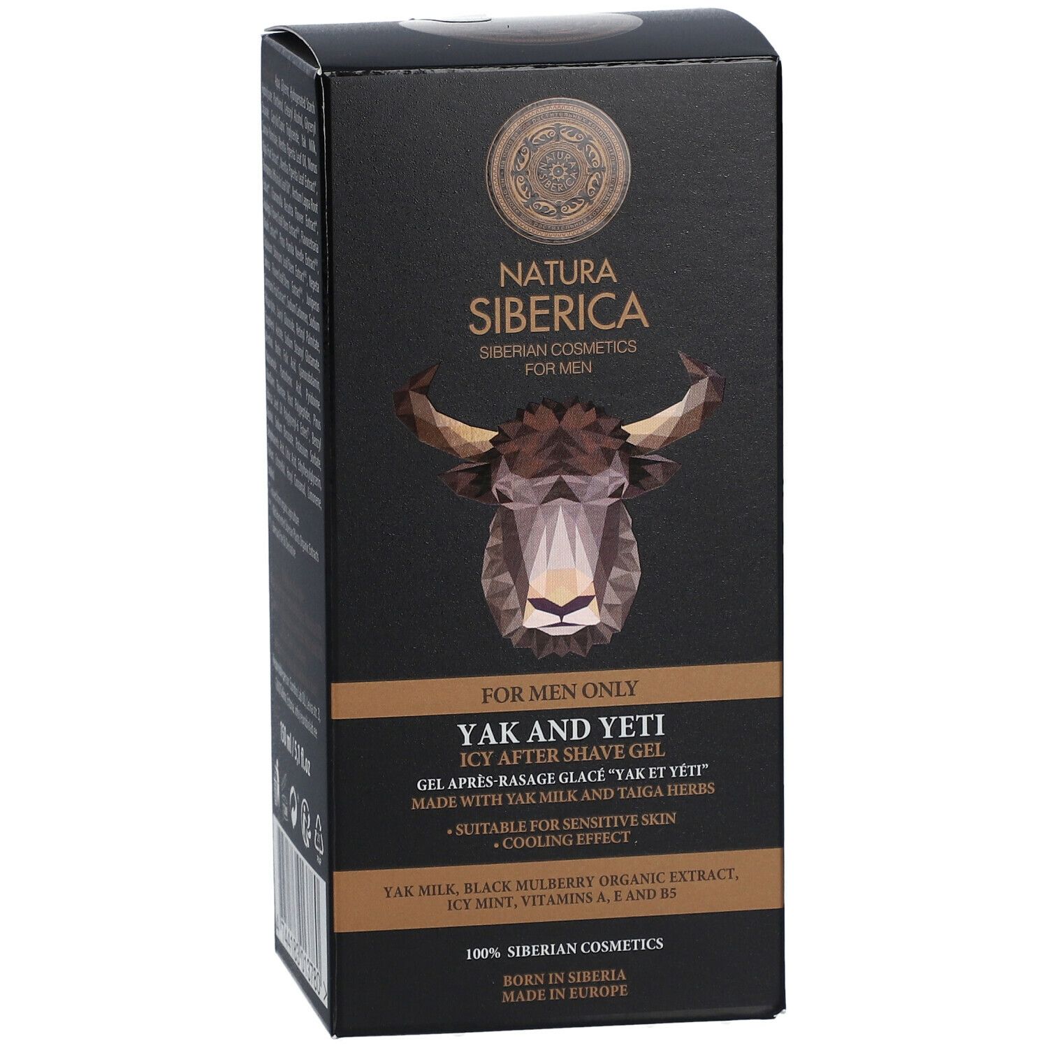 Zwarte doos met productinformatie. Logo: Natura Siberica. Product: Yak and Yeti Gel Après-Rasage Glacé. Afbeelding van een yak.