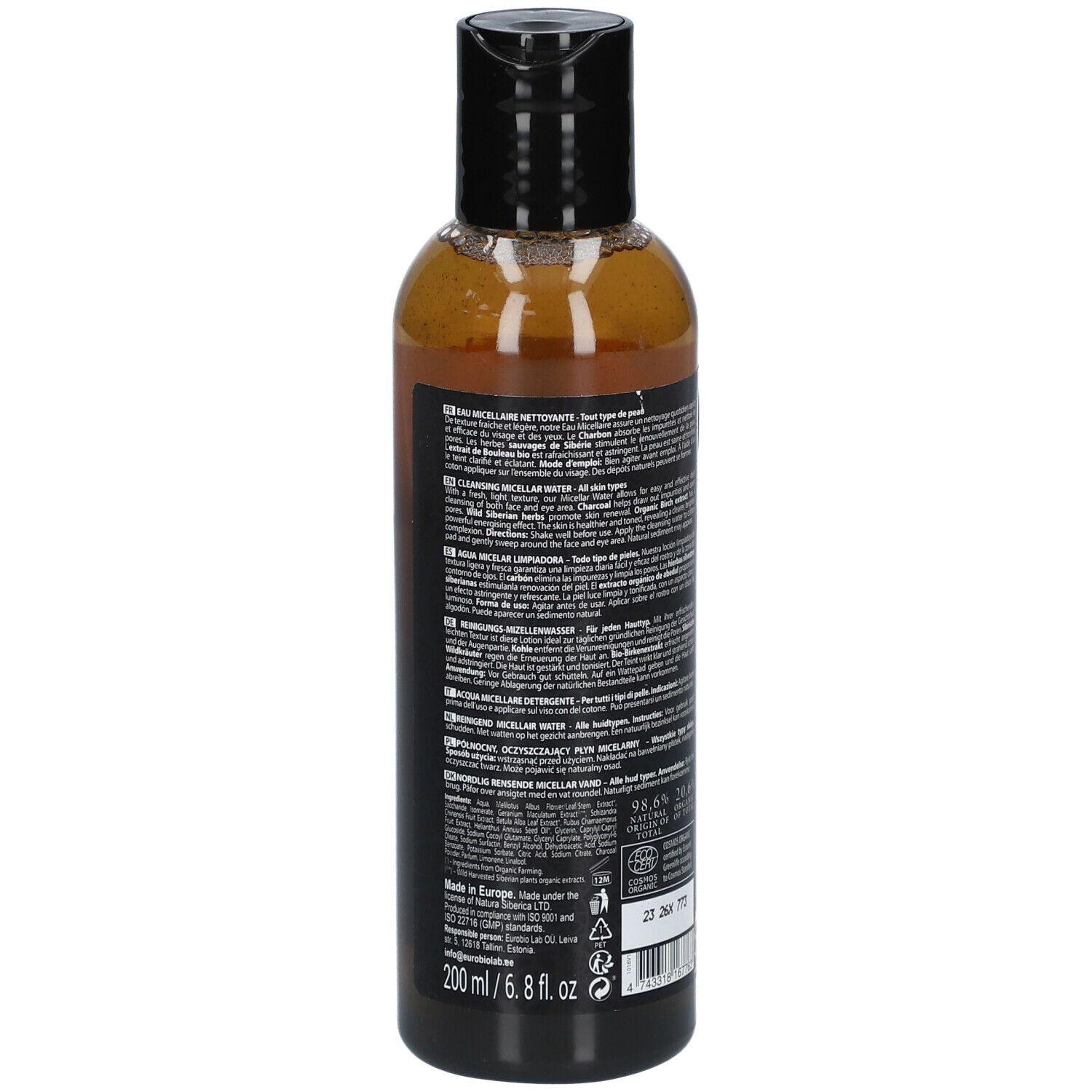 Flacon de liquide brun avec bouchon noir. Texte au dos. Volume : 200 ml / 6,8 fl oz.