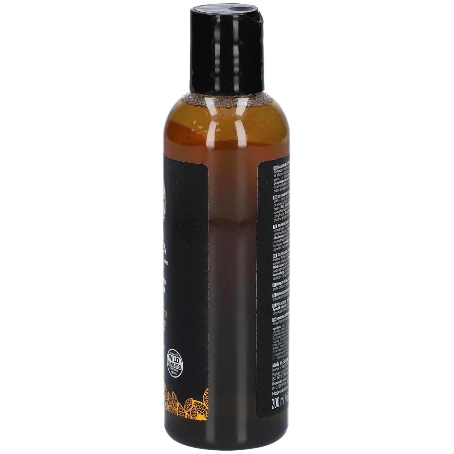 Flacon de liquide brun avec bouchon noir. Texte au dos. Volume : 200 ml / 6,8 fl oz.