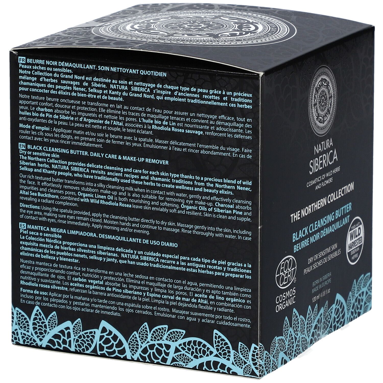 Dos de l'emballage. Texte : Natura Siberica, Black Cleansing Butter, soin quotidien & démaquillant. Certification Cosmos Organic.