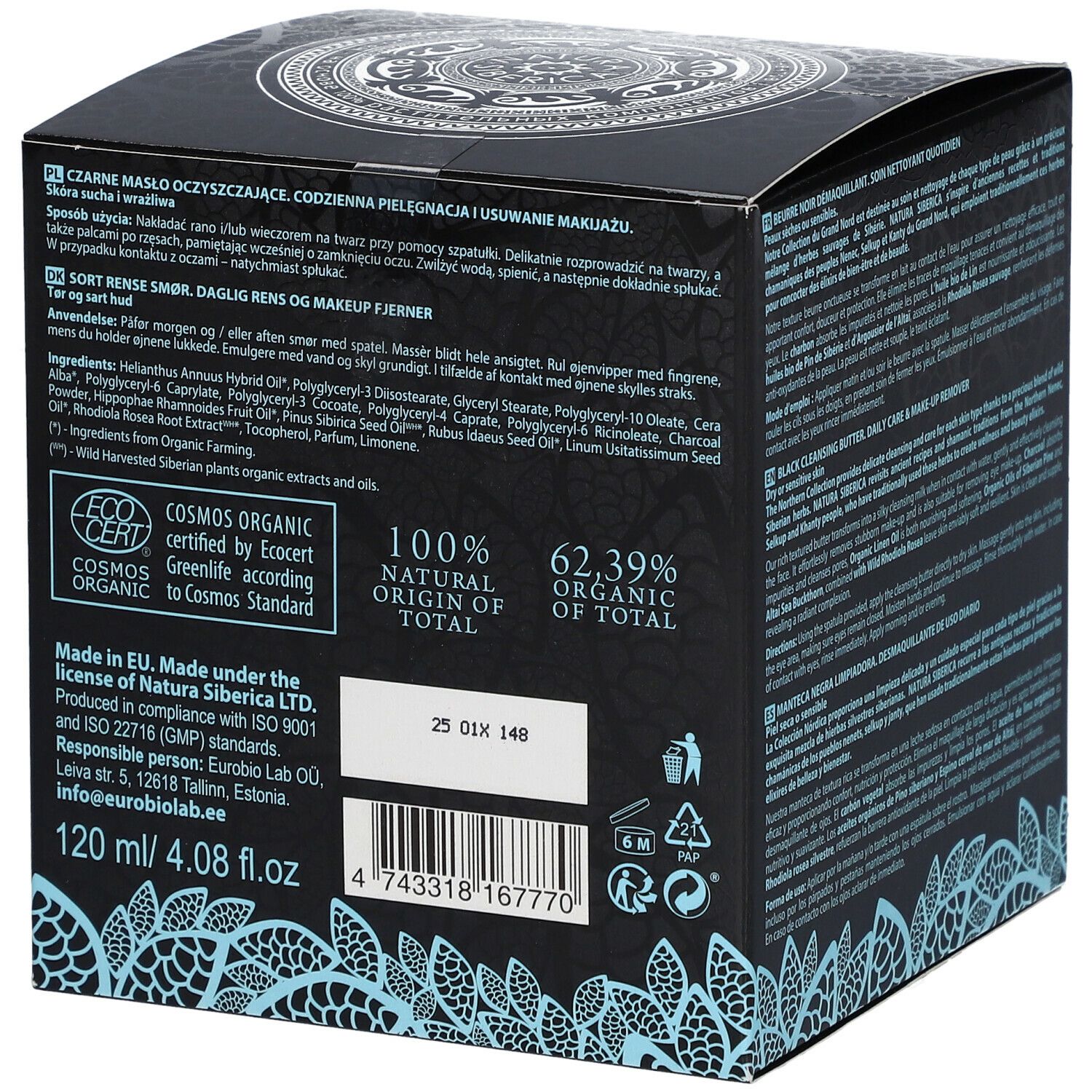 Dos de l'emballage. Texte : 100% origine naturelle, 62,39% organique. Ingrédients. 120 ml. Code-barres. Certification Cosmos Organic.