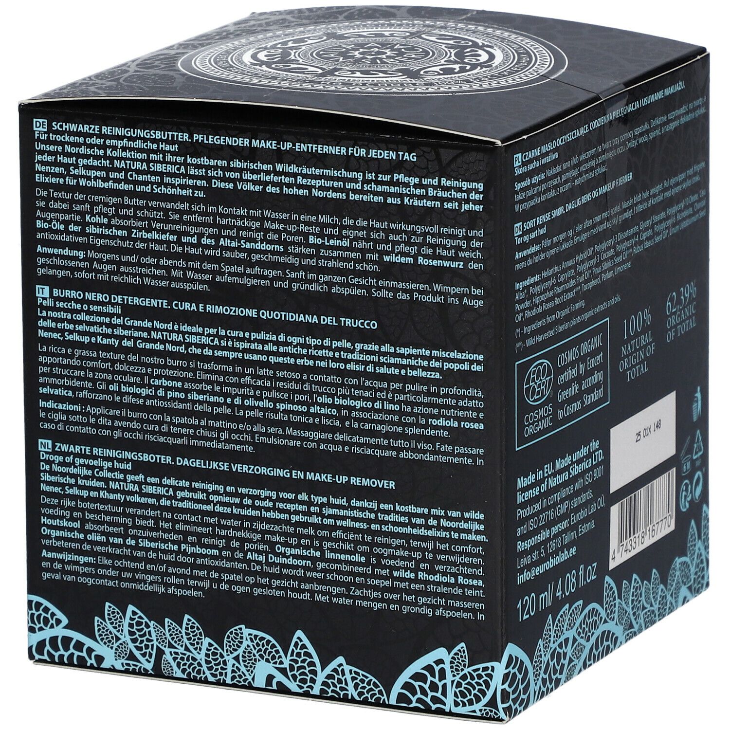 Emballage, texte : Beurre nettoyant noir, soin quotidien & démaquillant. 120 ml. Certification Cosmos Organic. 62,39% organique.