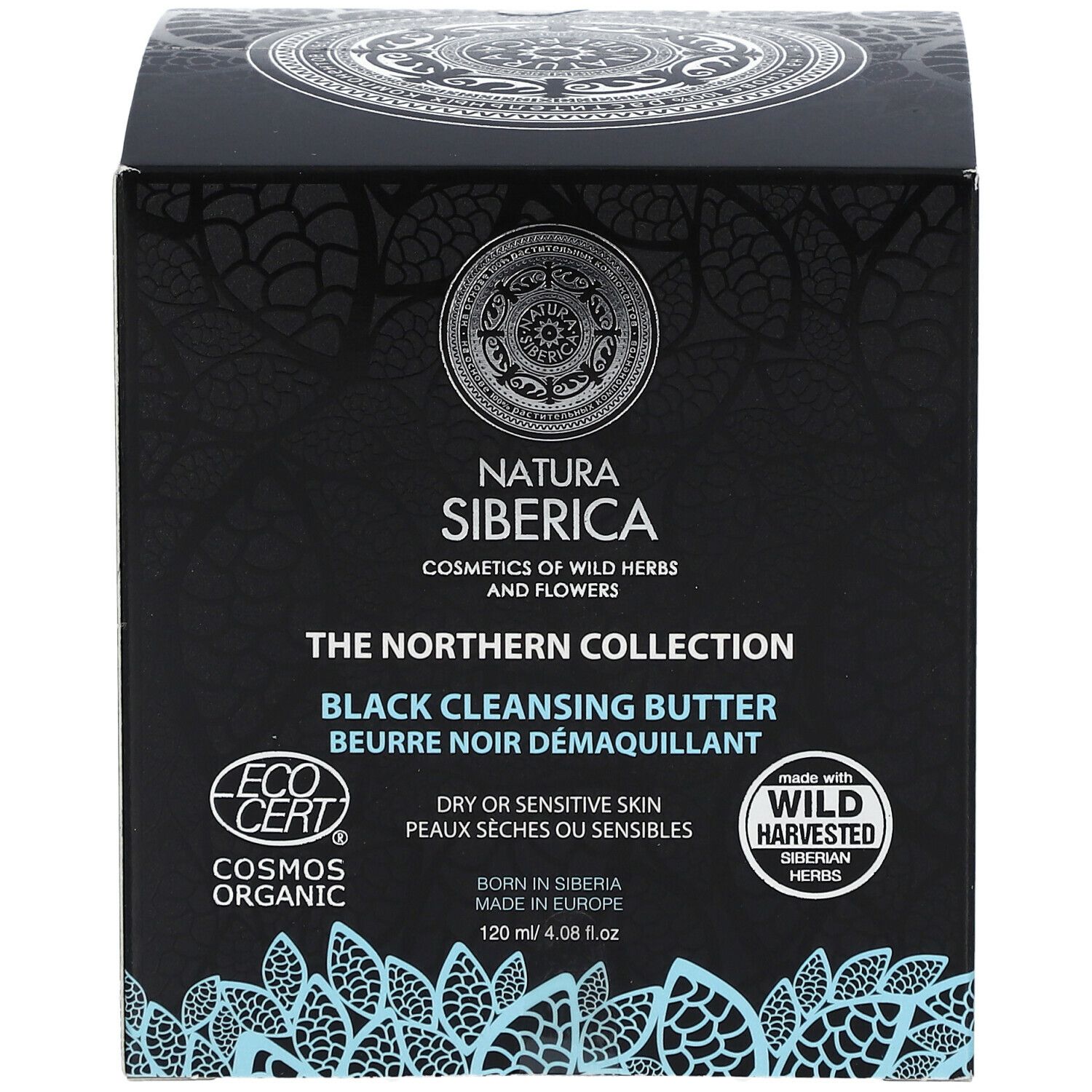 Emballage noir. Texte : Natura Siberica, The Northern Collection, Black Cleansing Butter, pour peaux sèches ou sensibles. Cosmos Organic.
