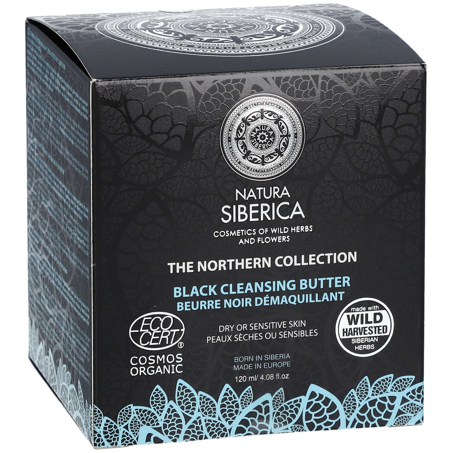 Emballage noir. Texte : Natura Siberica, The Northern Collection, Black Cleansing Butter, pour peaux sèches ou sensibles. Cosmos Organic.