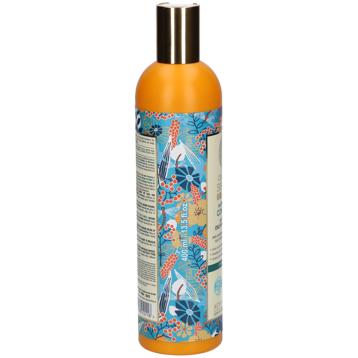 Achterkant van de fles. Tekst op etiket, bloemenpatroon. Volume-aanduiding: 400 ml / 13.5 fl.oz.